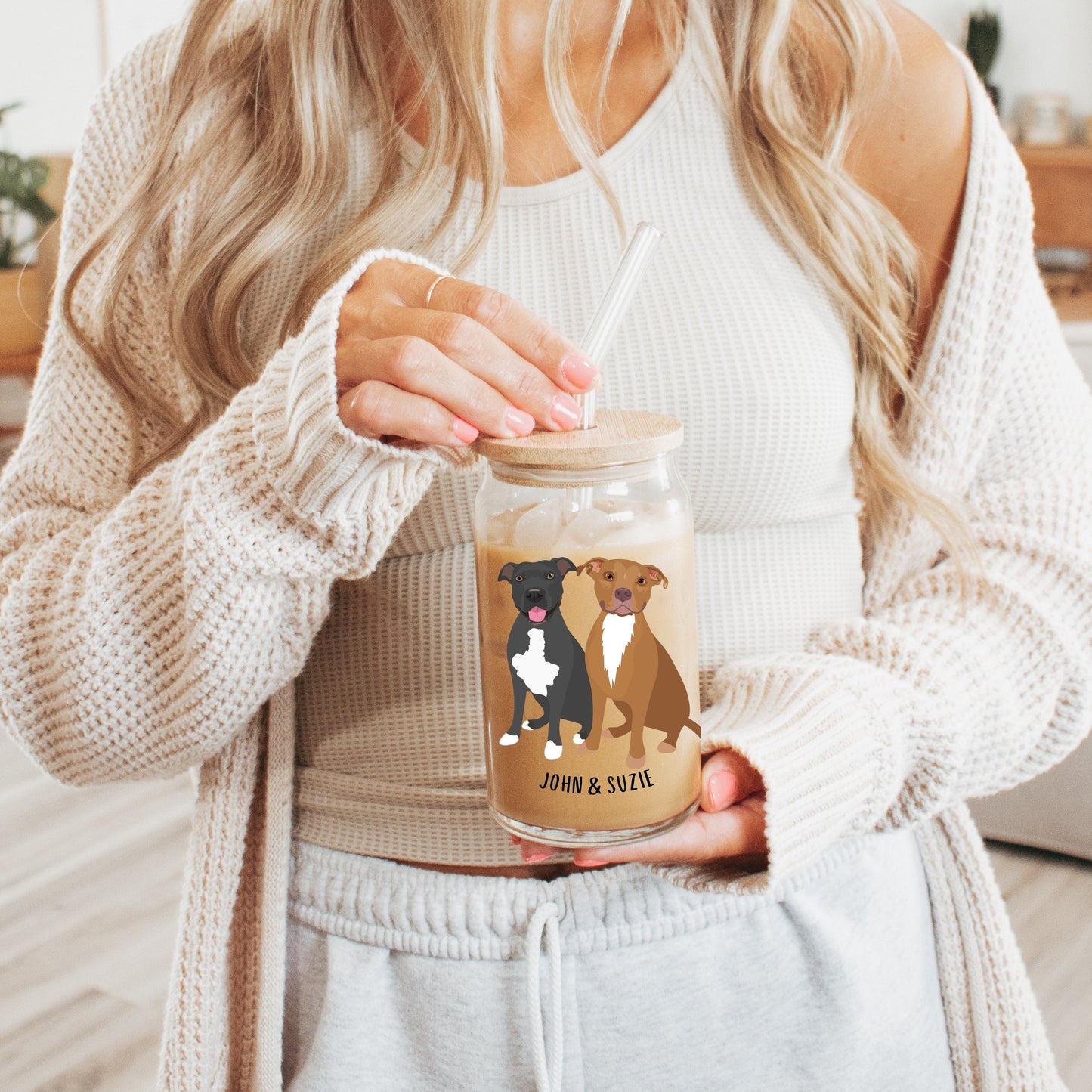 Pitbull coffee glass with lid and straw, pitbull gifts, pitty mom gift, mothers day gift, daughter birthday gift, rescue dog tumbler