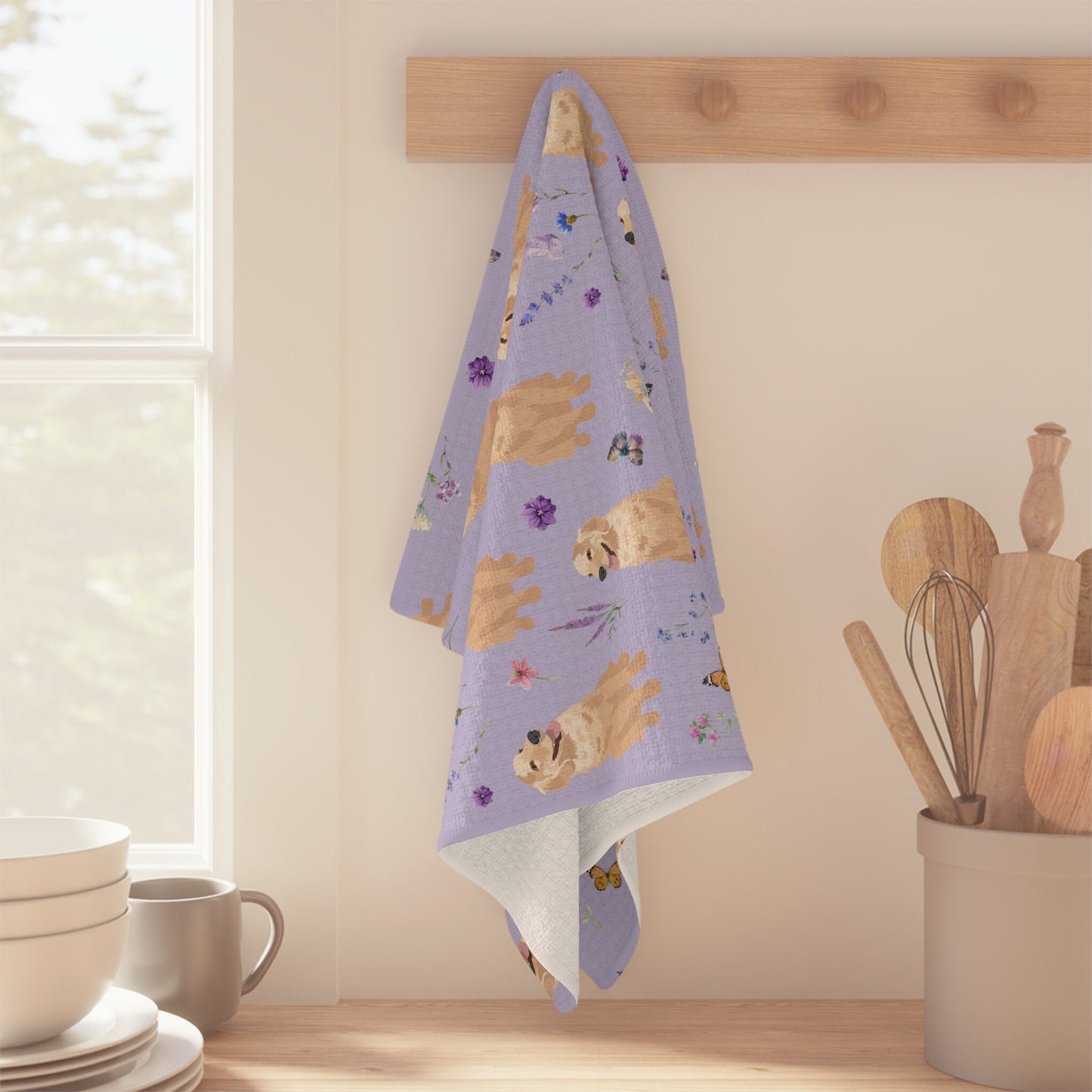 Cottagecore Golden retriever tea towel, waffle kitchen towel, dog flour sack, housewarming gift, sister birthday gift, pet memorial gift