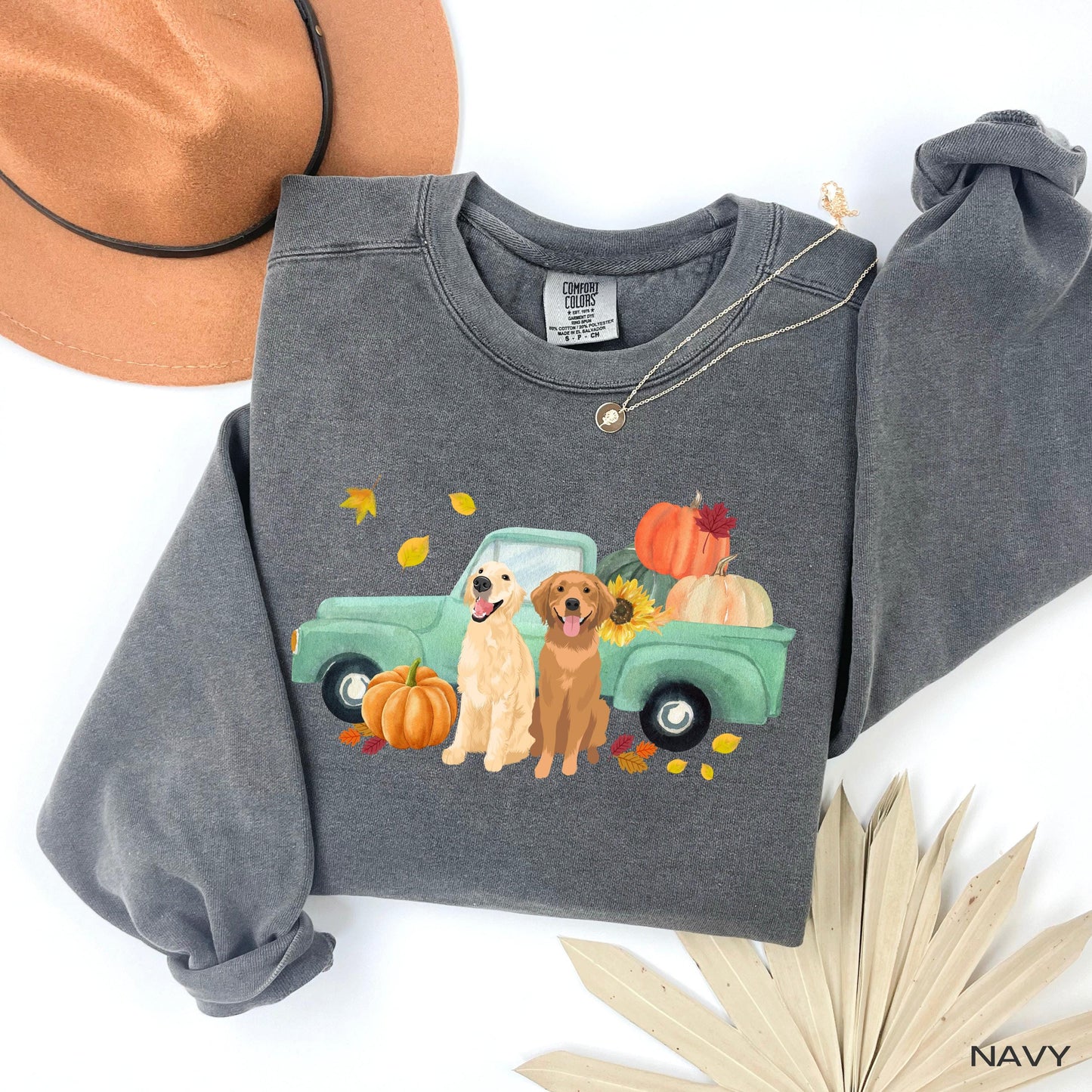Fall Pumpkin Truck Golden Retriever Sweatshirt, mama retriever gift, Halloween shirt, wife birthday gift, back to school shirt, Christmas