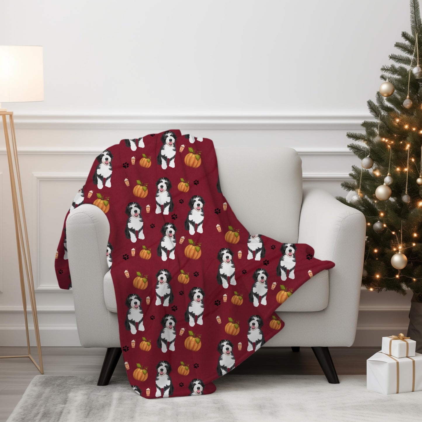 Pumpkin Fall Bernedoodle Blanket, Halloween bernedoodle gifts, wife birthday gift, living room couch throw, sheepadoodle throw home decor
