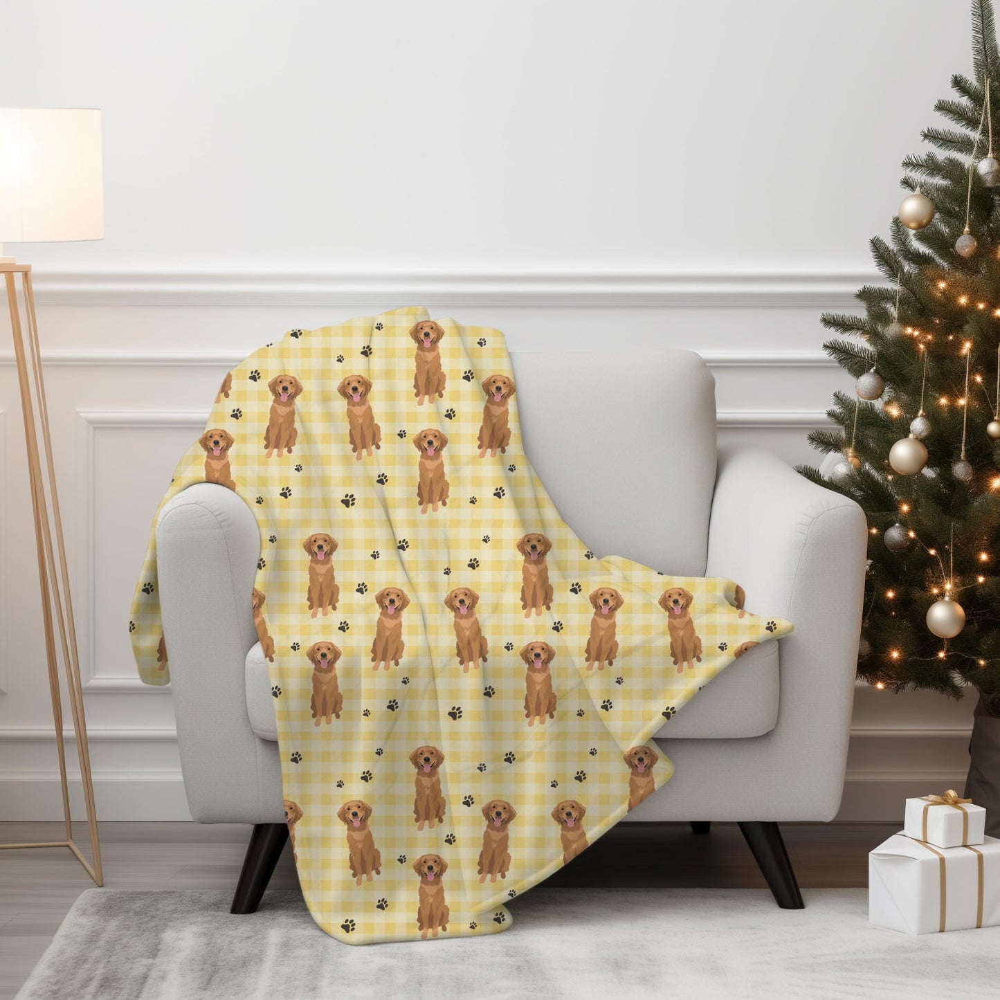 Yellow Checkered Golden Retriever Blanket, retriever gifts, bed cover, queen size bedspread, living room couch throw, golden mom home decor