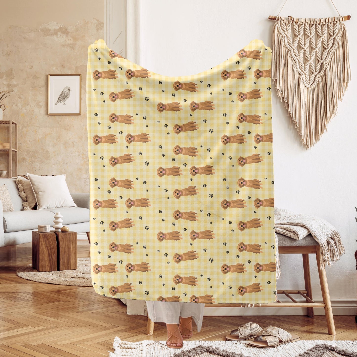 Yellow Checkered Golden Retriever Blanket, retriever gifts, bed cover, queen size bedspread, living room couch throw, golden mom home decor
