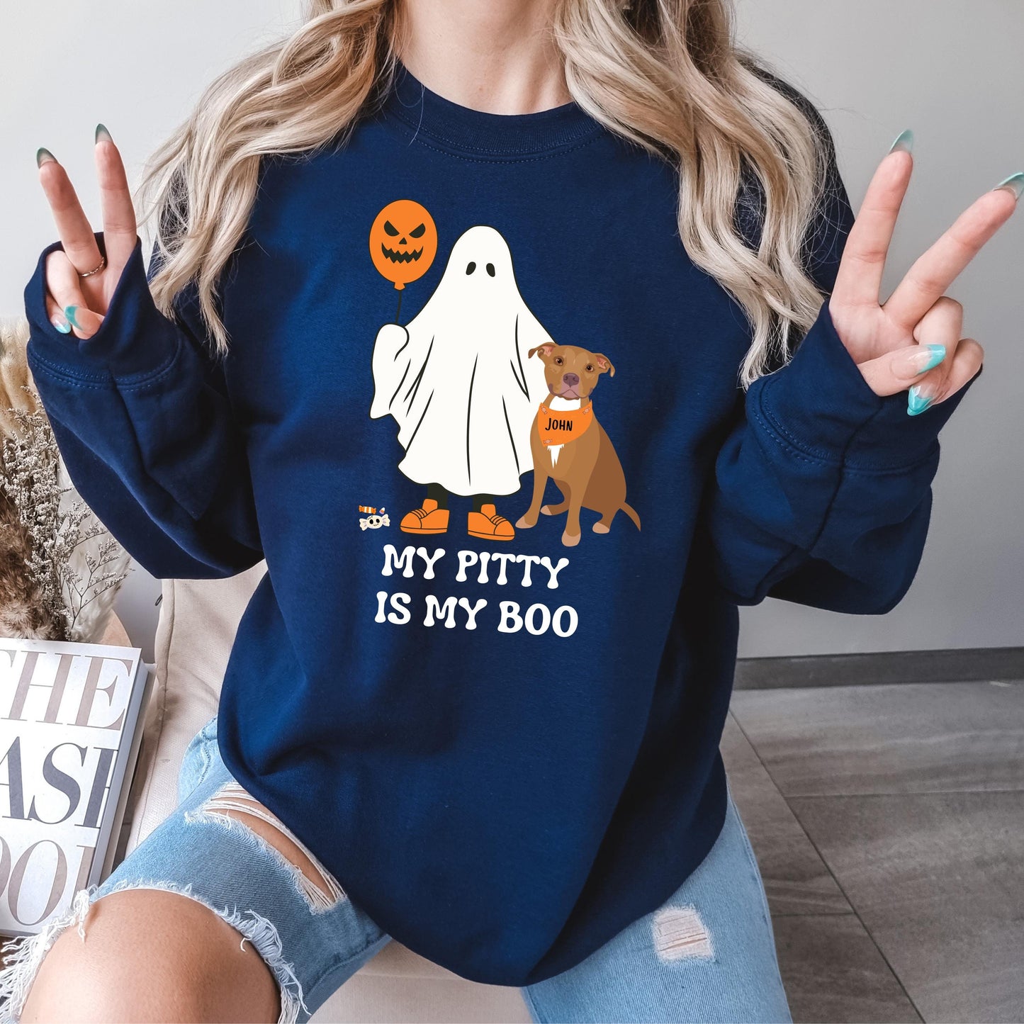 My Pitty Is My Boo Halloween Ghost Sweatshirt, spooky vibes ghost dog shirt, Christmas pitbull gift, fall Pit Bull mama, wife birthday gift