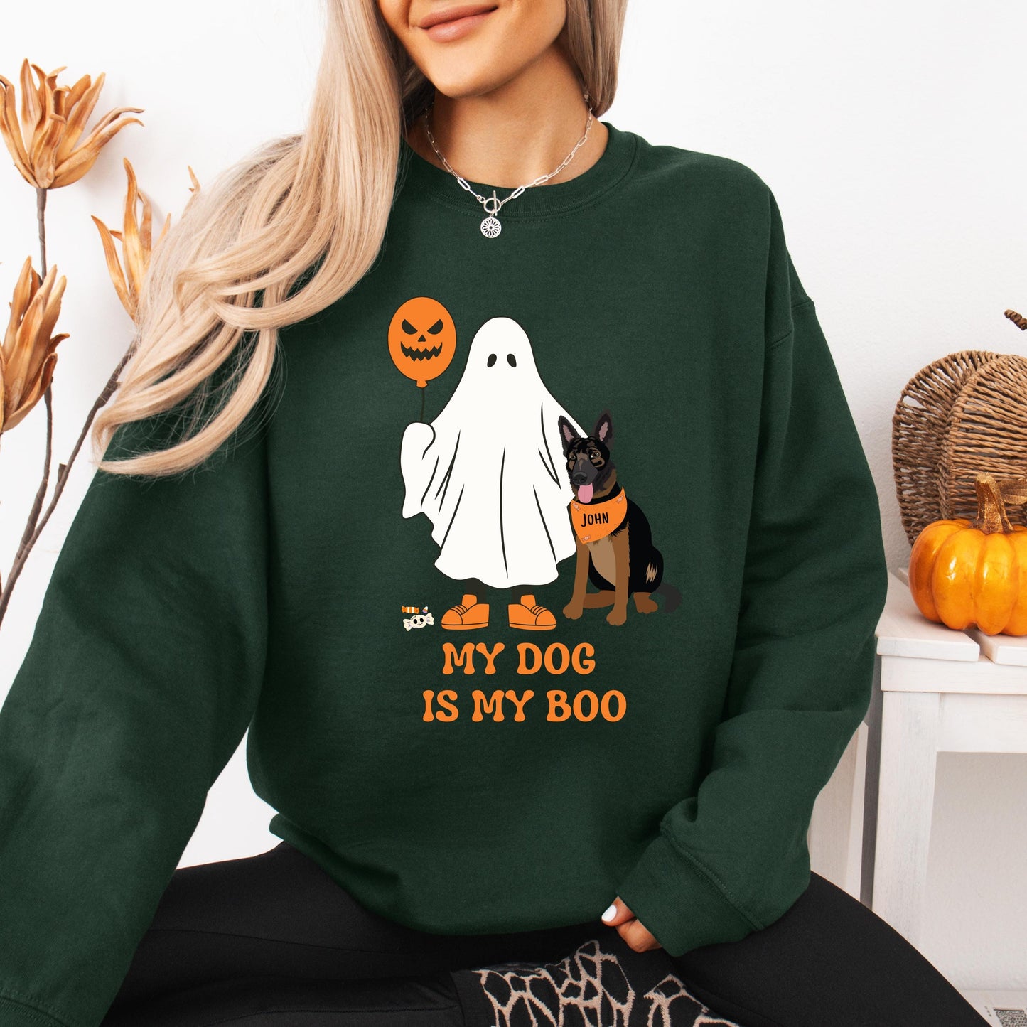 My German Shepherd Is My Boo Halloween Ghost Sweatshirt, spooky ghost dog shirt, Christmas gsd gift, fall shepherd mama, wife birthday gift