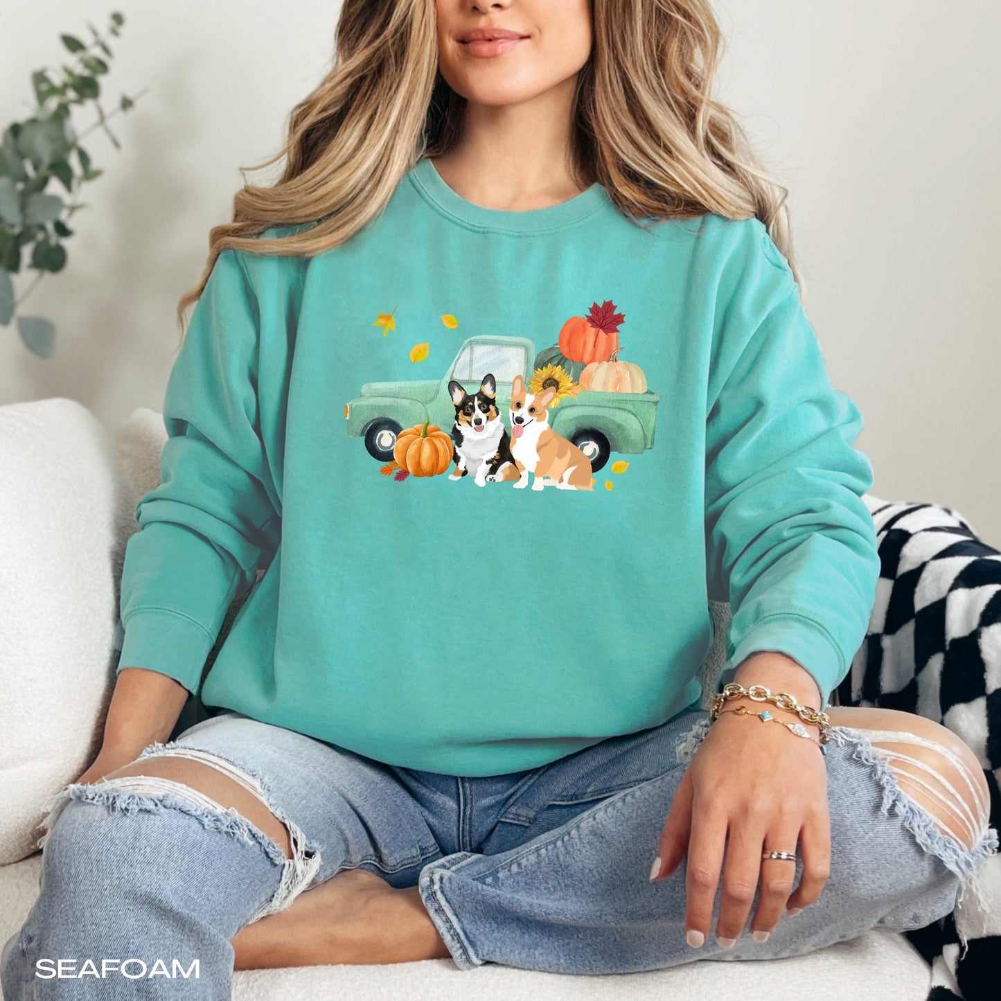 Fall Pumpkin Truck Corgi Sweatshirt, cute Halloween corgi shirt, wife birthday gift, back to school shirt, sunflower tricolor corgi gifts