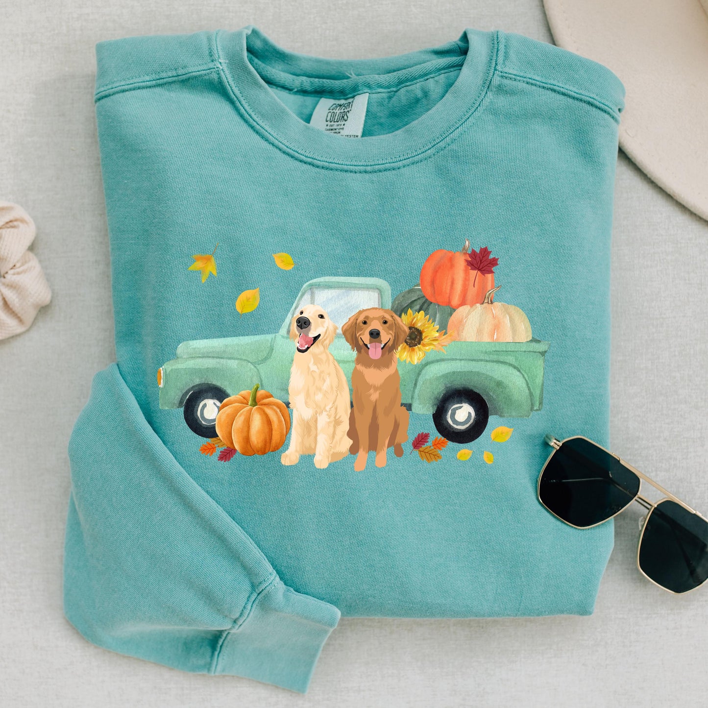 Fall Pumpkin Truck Golden Retriever Sweatshirt, mama retriever gift, Halloween shirt, wife birthday gift, back to school shirt, Christmas