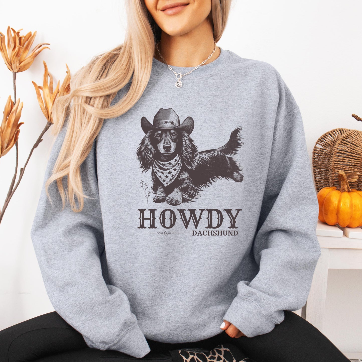 Howdy Dachshund Long Haired Sweatshirt, doxie sweater, wife birthday crewneck, dachshund gift, sausage dog, cowgirl gifts, retro texas shirt