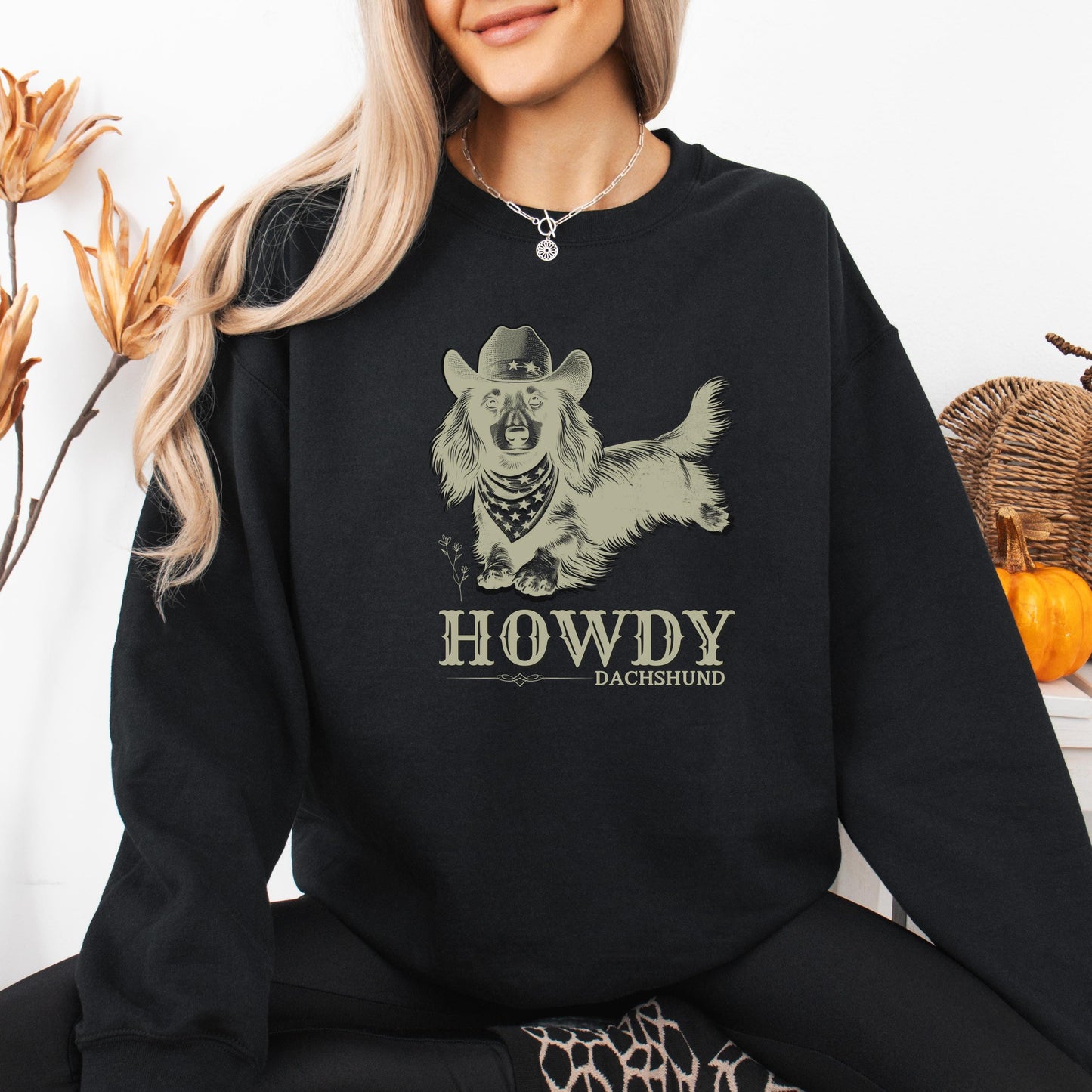 Howdy Dachshund Long Haired Sweatshirt, doxie sweater, wife birthday crewneck, dachshund gift, sausage dog, cowgirl gifts, retro texas shirt