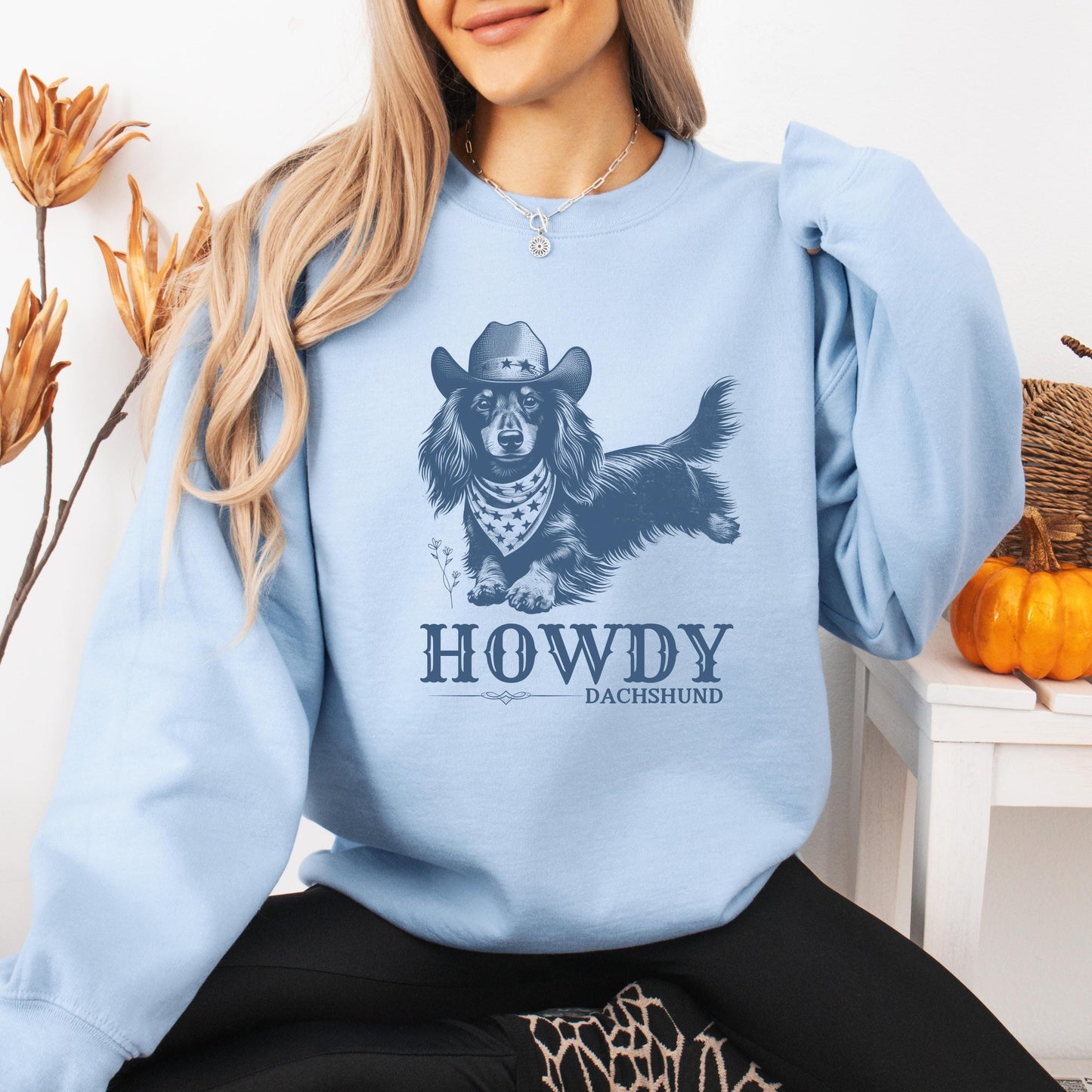 Howdy Dachshund Long Haired Sweatshirt, doxie sweater, wife birthday crewneck, dachshund gift, sausage dog, cowgirl gifts, retro texas shirt
