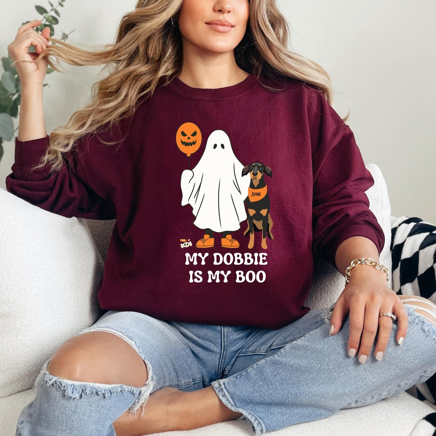 My Doberman Is My Boo Halloween Ghost Sweatshirt, spoky vibes ghost dog shirt, Christmas doberman gift, fall dobbie mama, wife birthday gift