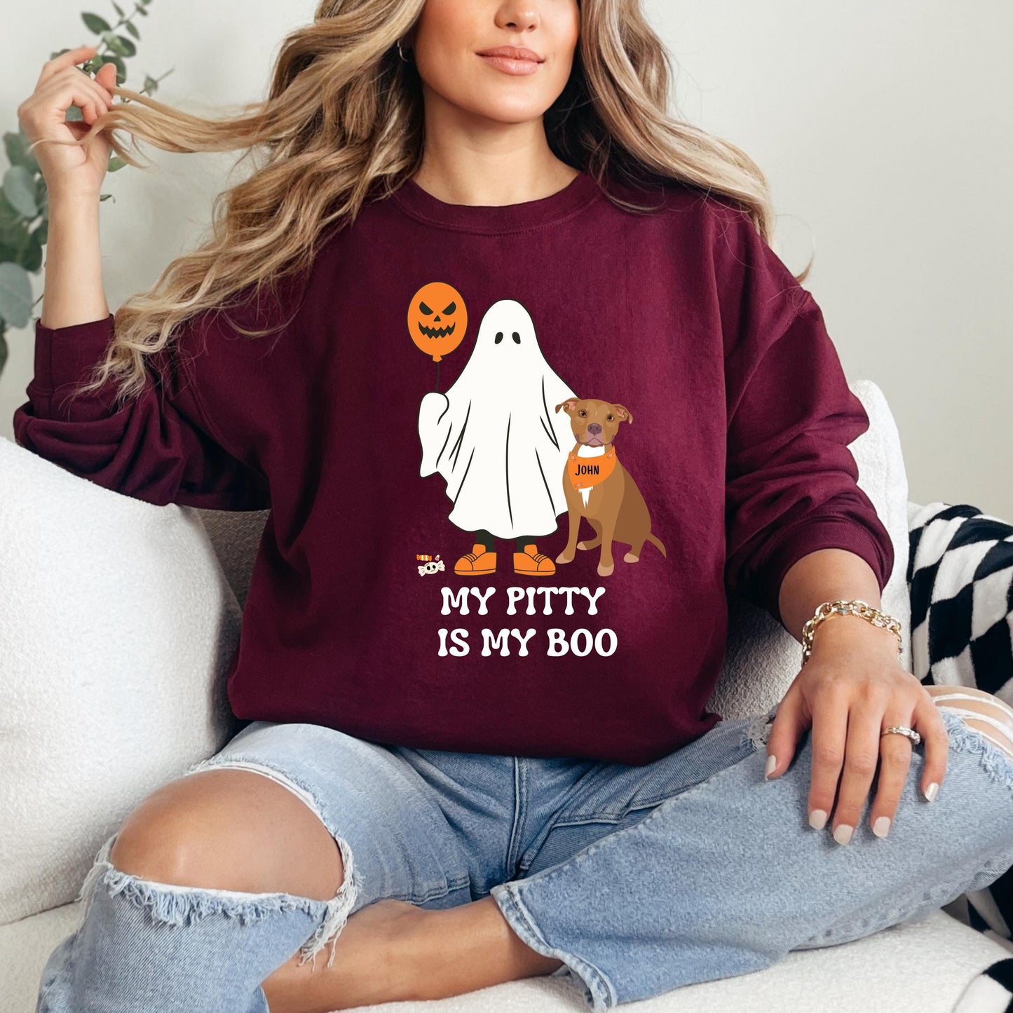 My Pitty Is My Boo Halloween Ghost Sweatshirt, spooky vibes ghost dog shirt, Christmas pitbull gift, fall Pit Bull mama, wife birthday gift