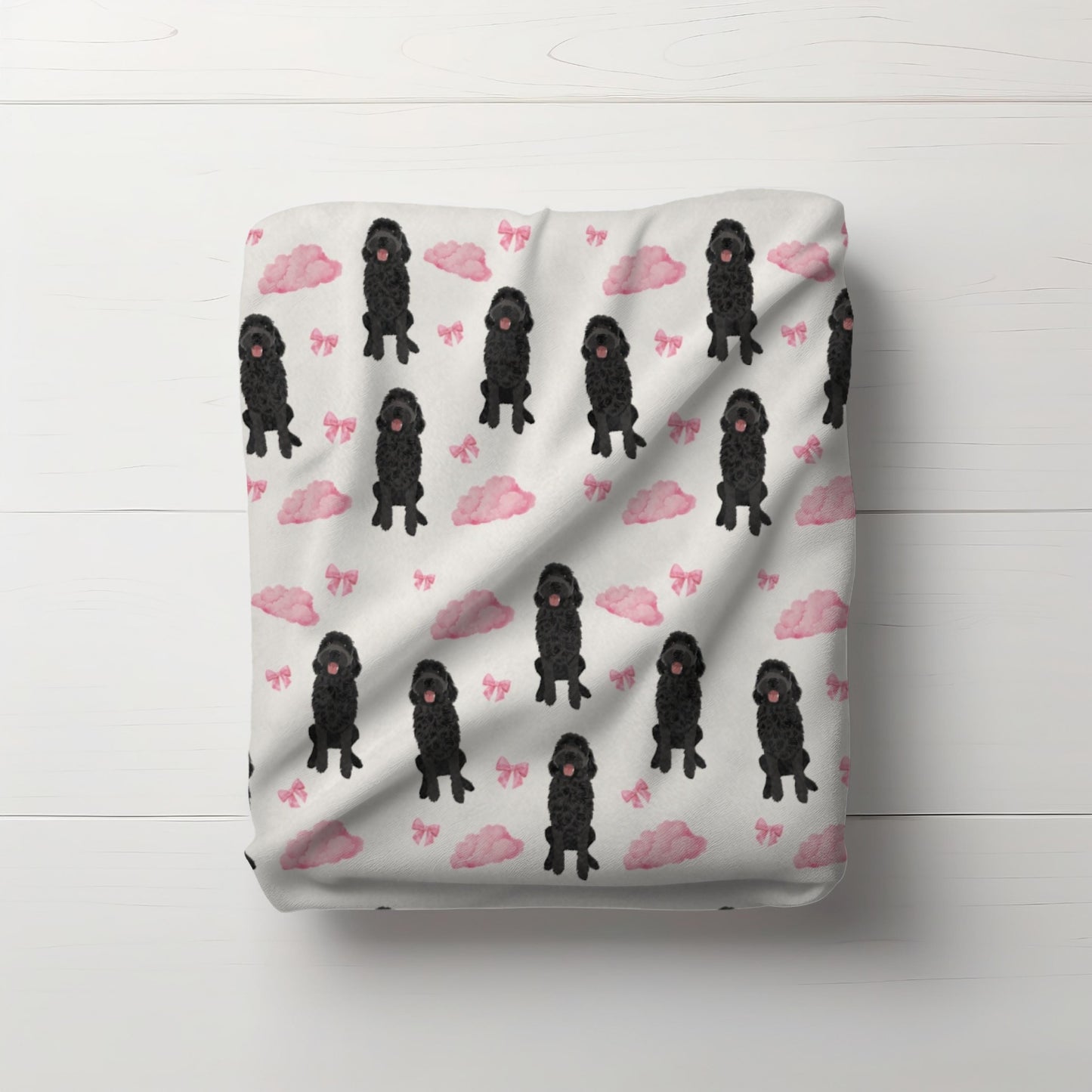 Black Golden doodle baby minky blanket with blue clouds bows, doodle gifts, newborn gift baby blanket, doodle Christmas gift, nursery gifts