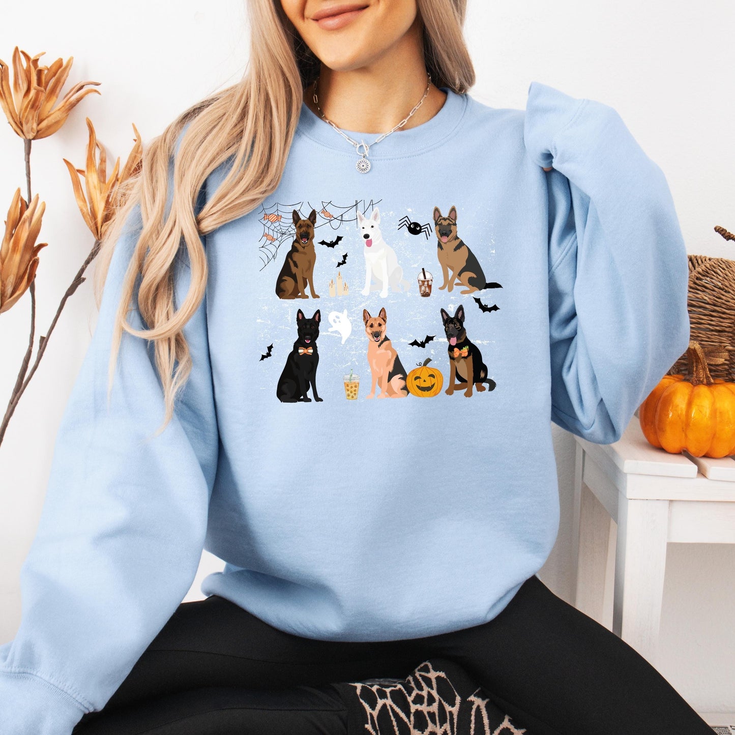 Spooky Halloween German Shepherd Sweatshirt, german shepherd gift, gsd Christmas shepard wedding gift, pumpkin ghost bat, wife birthday gift