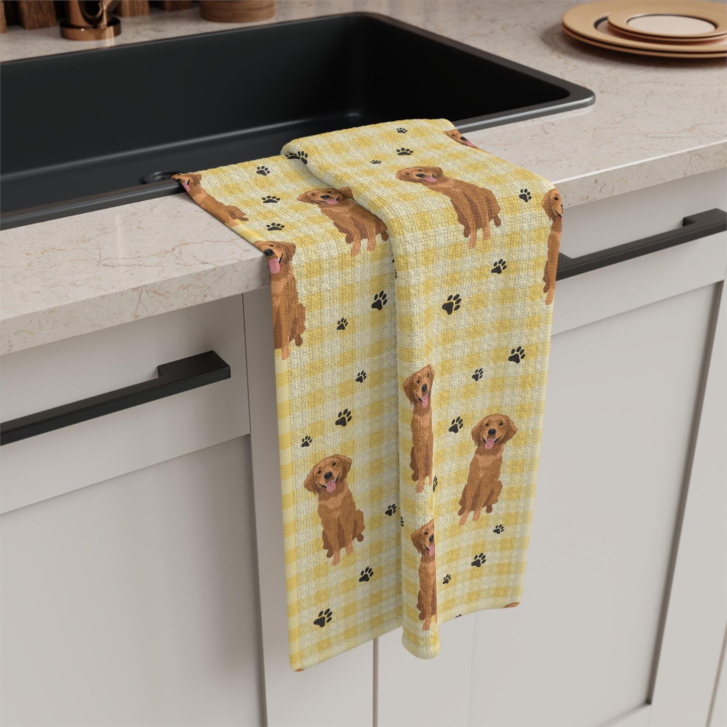 Yellow Checkered Gingham Golden Retriever Tea Towel, red retriever tea towel, waffle kitchen flour sack, housewarming gift, golden mom gift