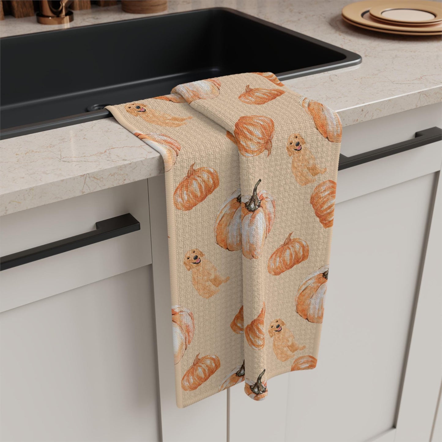 Pumpkin Golden Retriever Tea Towel, Christmas tea towel, waffle kitchen flour sack, housewarming gift, golden mom gift, fall golden dog