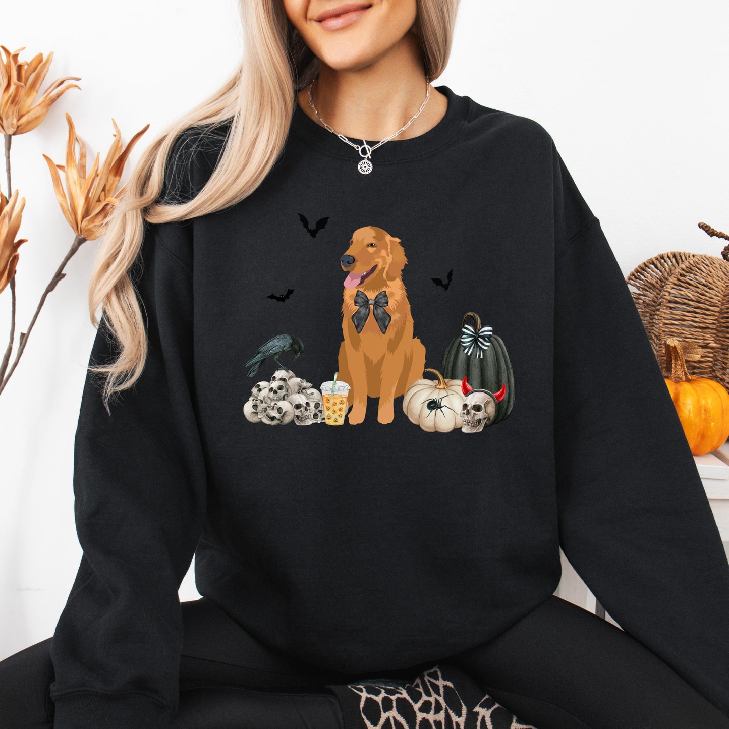 Gothic Halloween Golden Retriever Sweatshirt, spooky season, fall crewneck, wife birthday gift, golden ghost dog shirt, golden mama shirt
