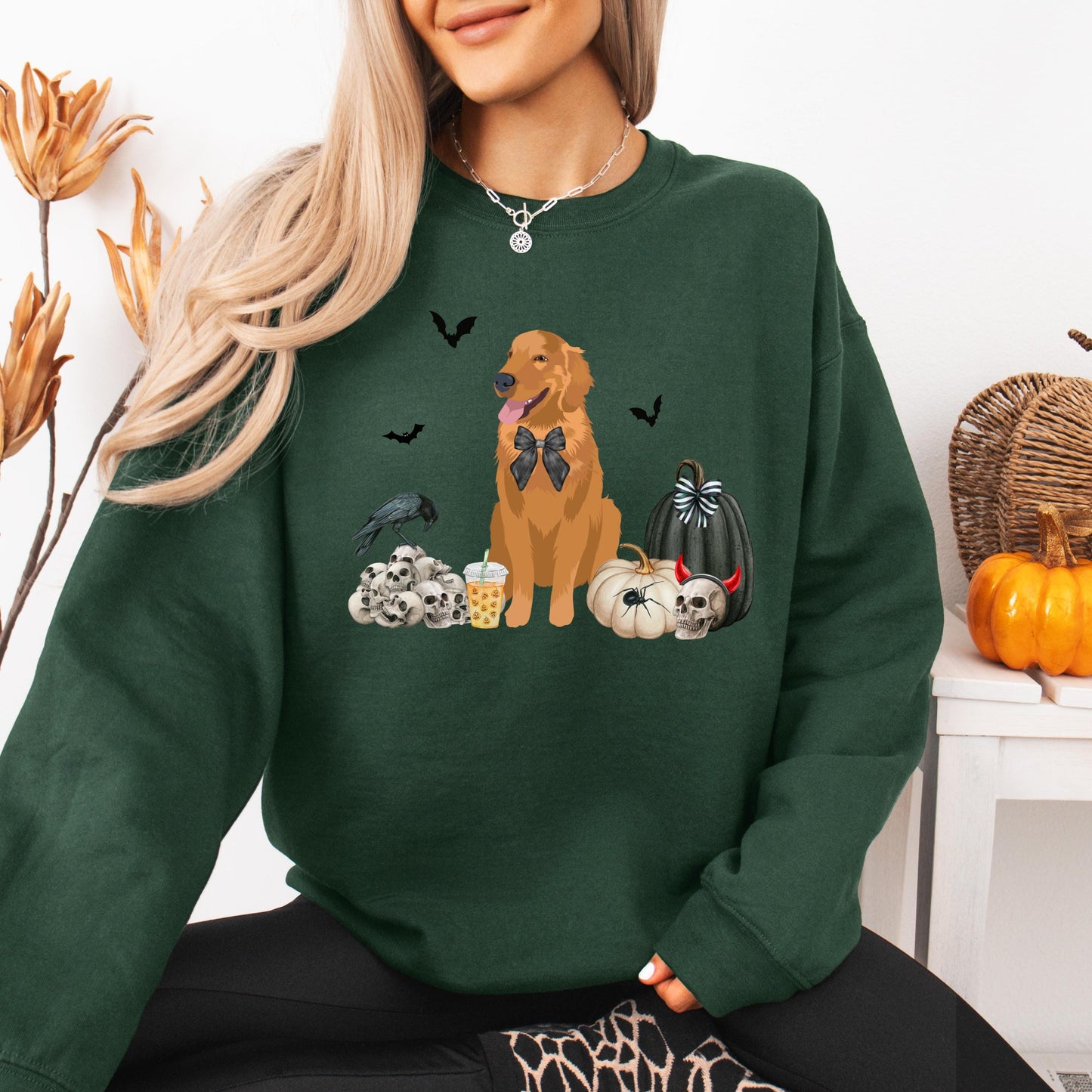 Gothic Halloween Golden Retriever Sweatshirt, spooky season, fall crewneck, wife birthday gift, golden ghost dog shirt, golden mama shirt
