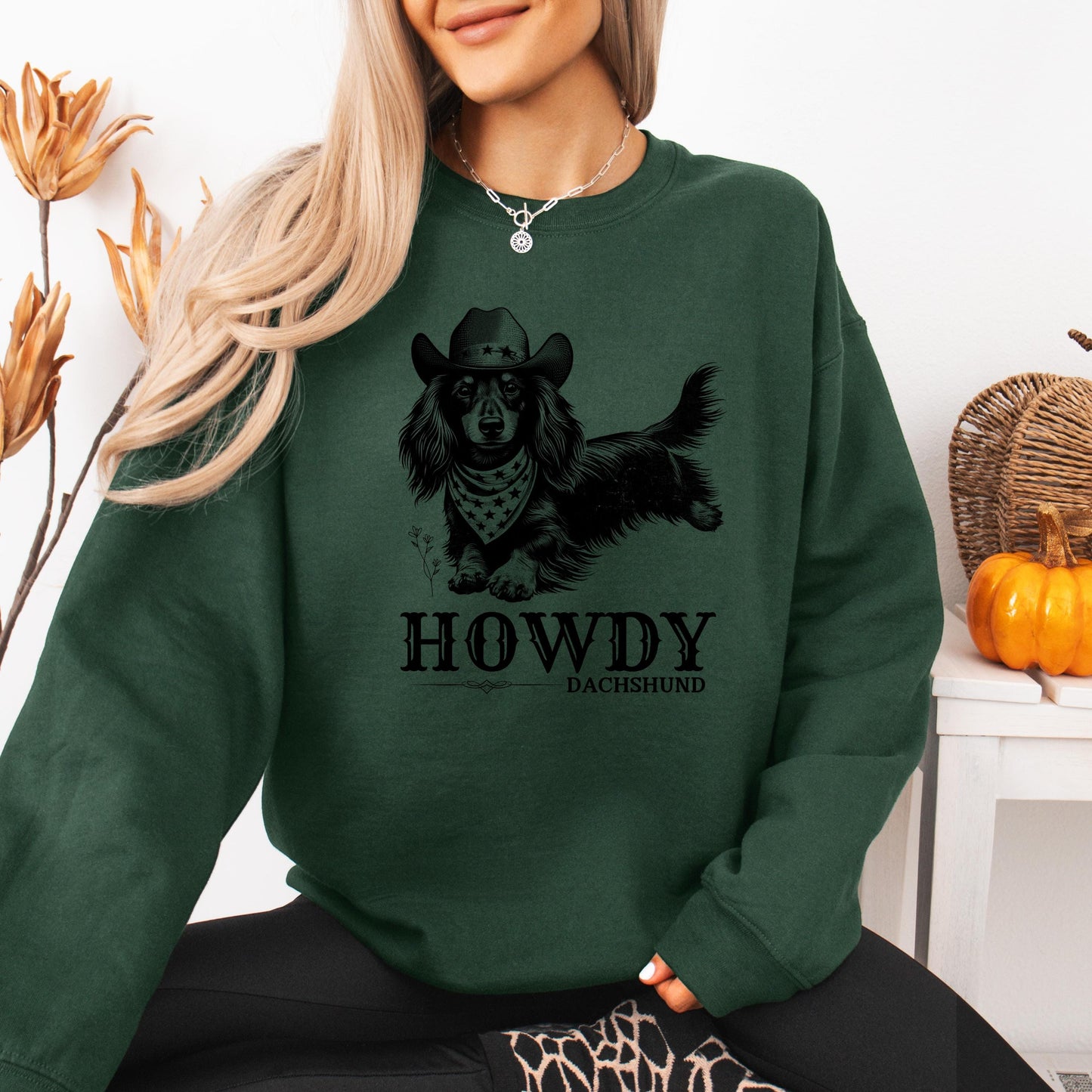 Howdy Dachshund Long Haired Sweatshirt, doxie sweater, wife birthday crewneck, dachshund gift, sausage dog, cowgirl gifts, retro texas shirt