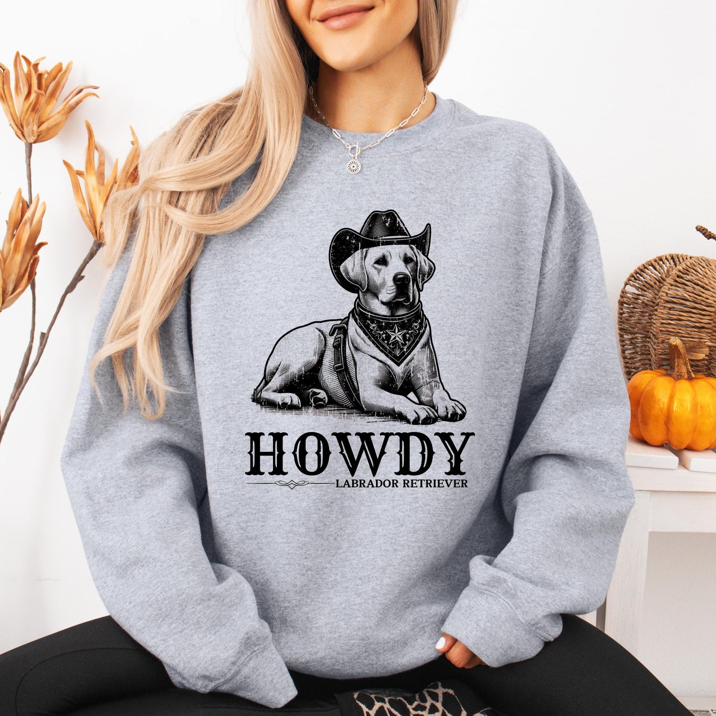 Retro Cowboy Howdy Labrador Sweatshirt, lab mama sweater, wife birthday crewneck, labrador retriever gifts, cowgirl gifts, retro Texas shirt