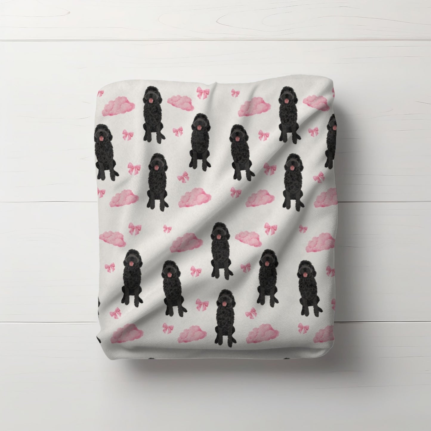 Black Golden doodle baby minky blanket with pink clouds bows