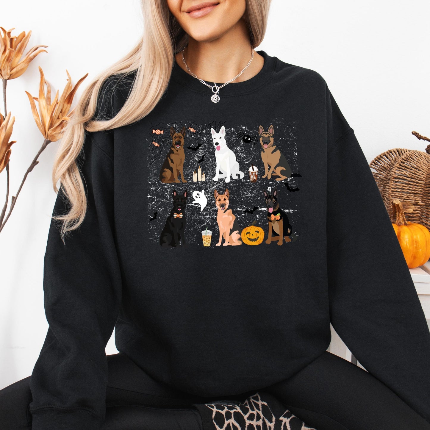 Spooky Halloween German Shepherd Sweatshirt, german shepherd gift, gsd Christmas shepard wedding gift, pumpkin ghost bat, wife birthday gift