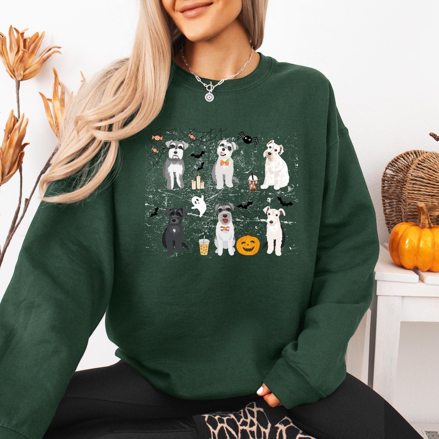 Spooky Halloween Schnauzer Sweatshirt, scottish terrier gift, pumpkin bat ghost shirt, wife birthday gift, Christmas west highland mom crew