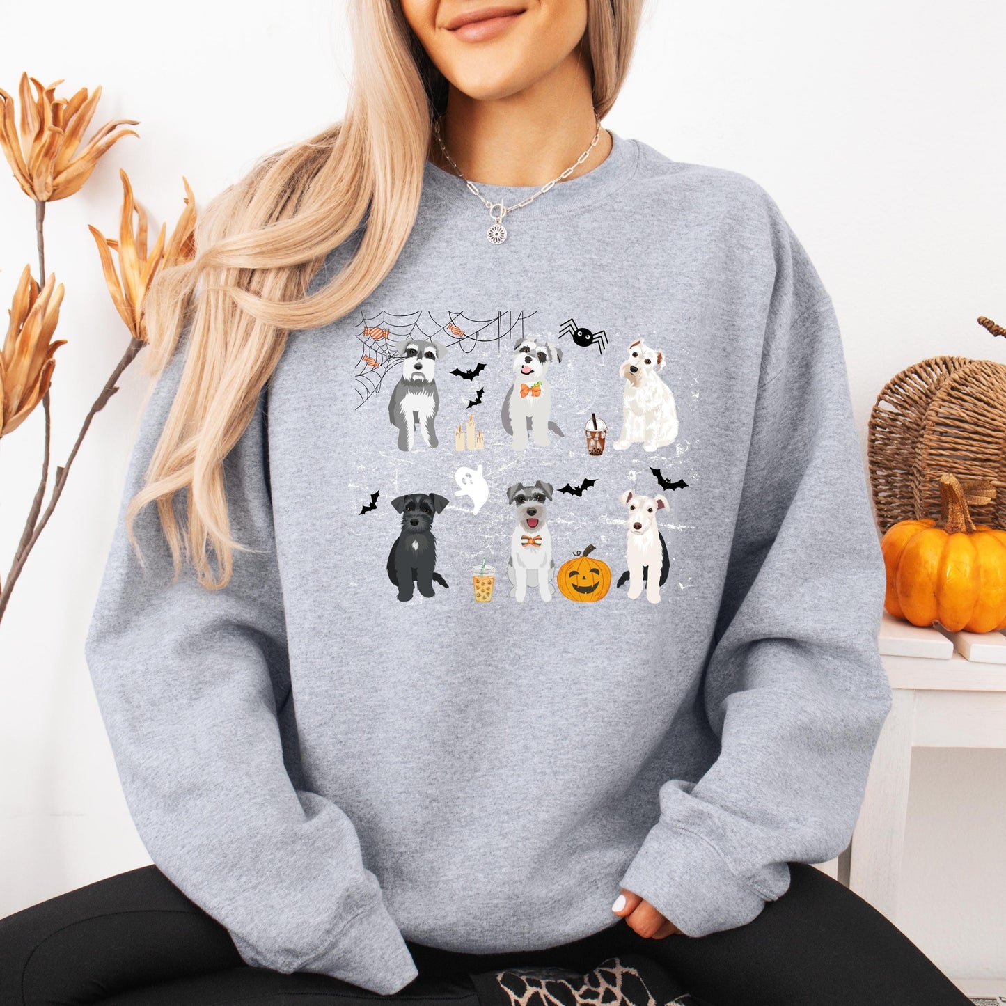 Spooky Halloween Schnauzer Sweatshirt, scottish terrier gift, pumpkin bat ghost shirt, wife birthday gift, Christmas west highland mom crew