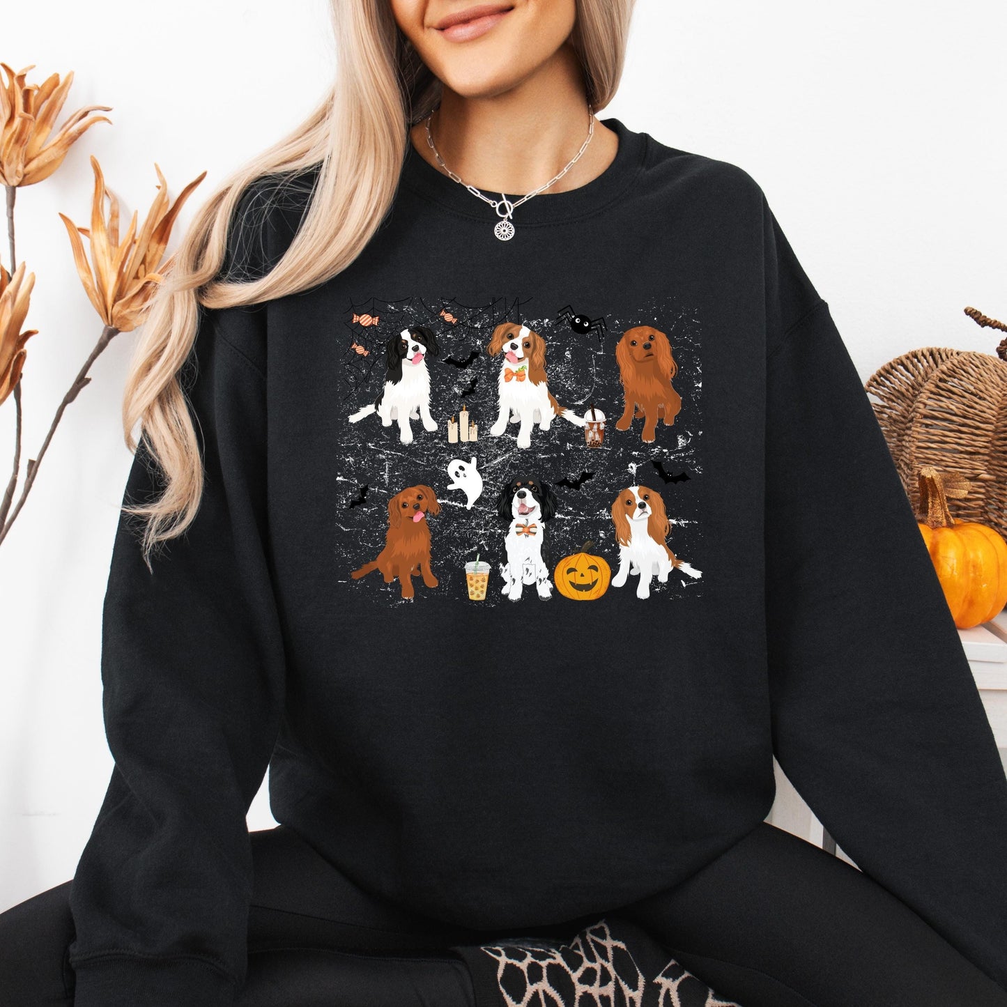 Spooky Halloween King Charles Cavalier Spaniel Sweatshirt, spaniel gifts, fall spaniel crewneck, wife birthday gift, spaniel ghost dog shirt