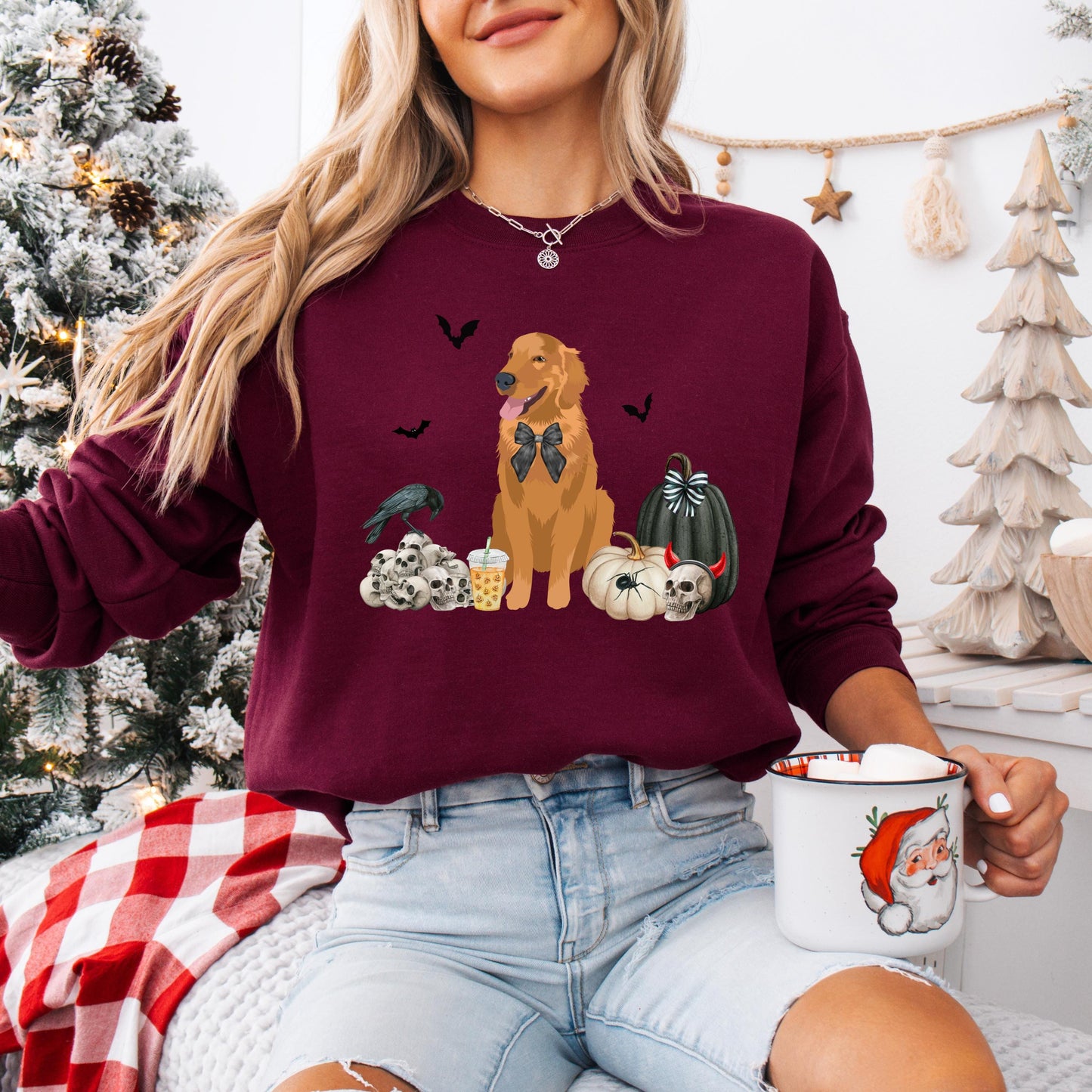 Gothic Halloween Golden Retriever Sweatshirt, spooky season, fall crewneck, wife birthday gift, golden ghost dog shirt, golden mama shirt