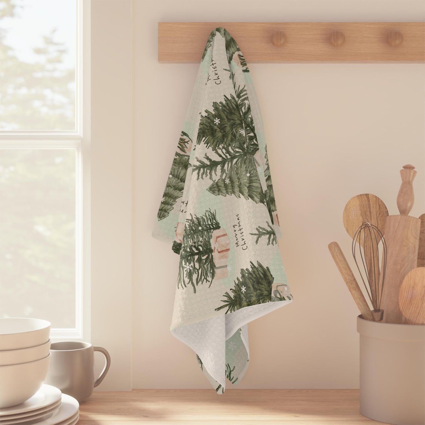 Merry Christmas Tea Towel, waffle kitchen towel, xmas home decor flour sack, grandma gifts, wife birthday gift, christmas tree hand towel