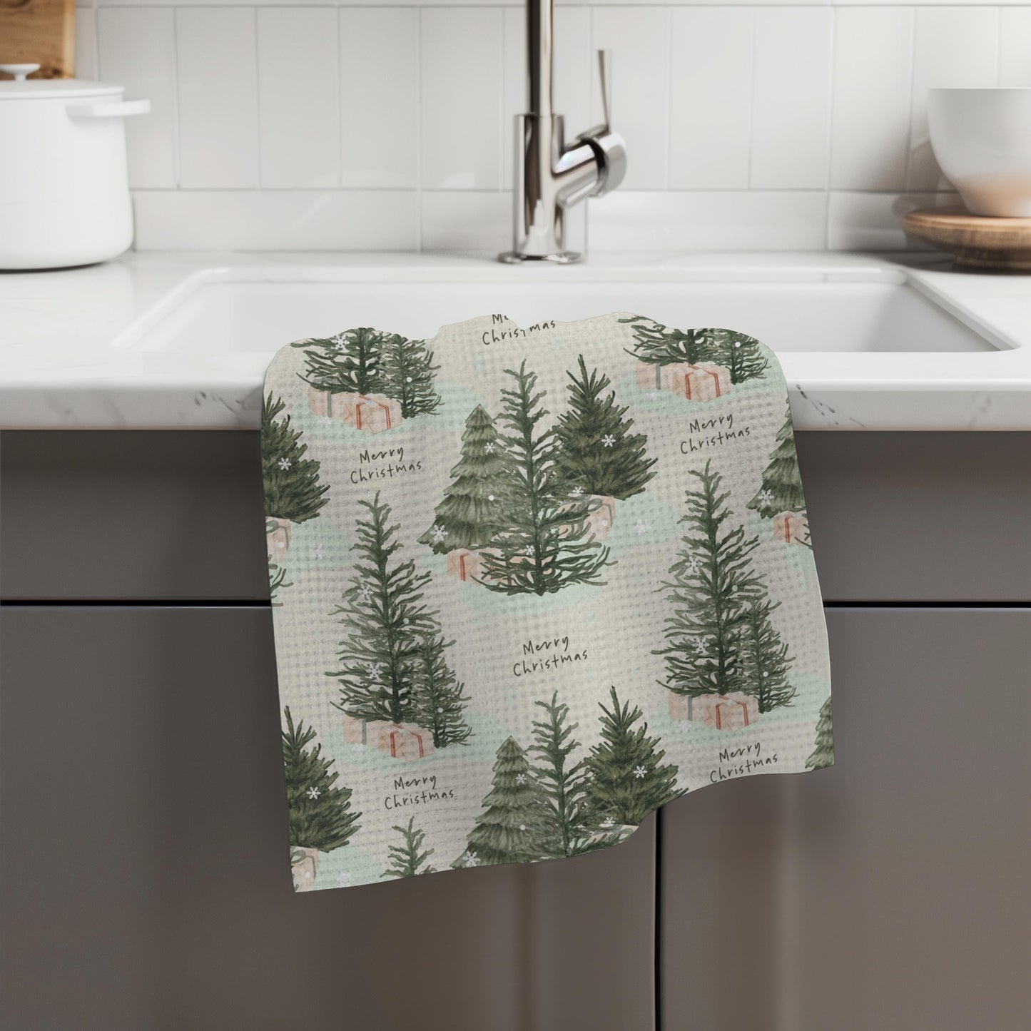 Merry Christmas Tea Towel, waffle kitchen towel, xmas home decor flour sack, grandma gifts, wife birthday gift, christmas tree hand towel