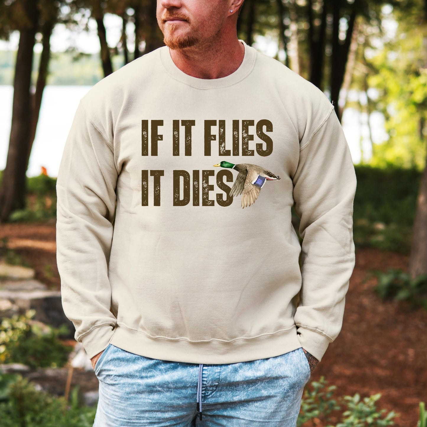 Funny Duck Hunting Sweatshirt, retro men's hunting sweater, hunter gift, husband christmas gift, Xmas dad gift, if it flies it dies shirt