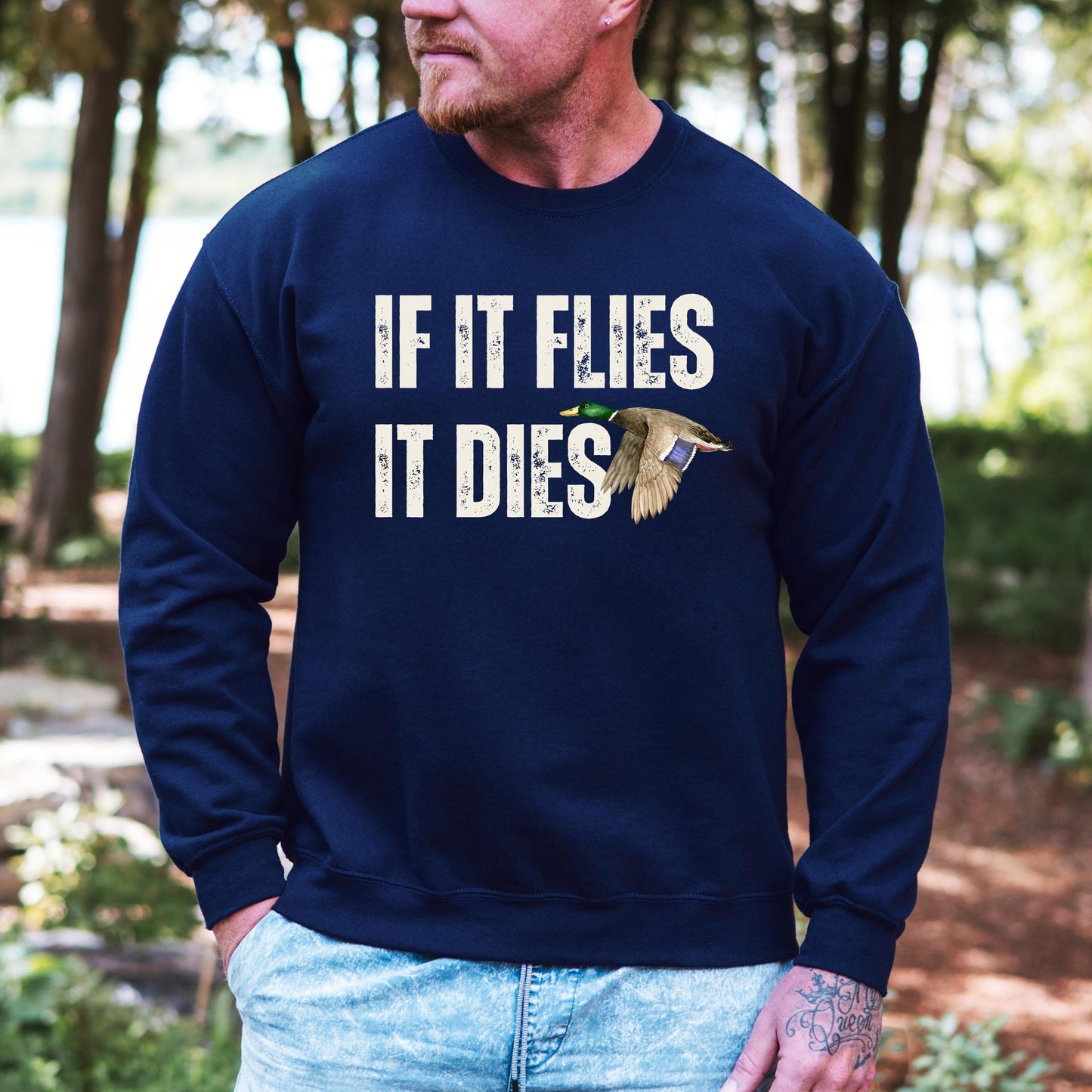 Funny Duck Hunting Sweatshirt, retro men's hunting sweater, hunter gift, husband christmas gift, Xmas dad gift, if it flies it dies shirt