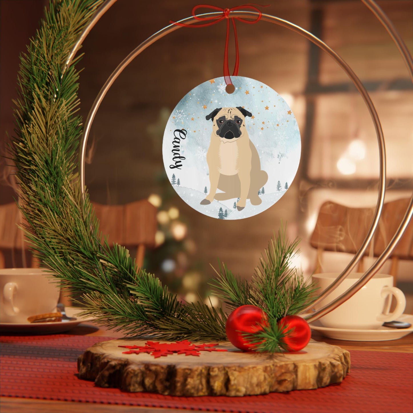 Christmas Pug Ornament, black pug gifts, metal ornament, pug holiday decor, dog first Christmas tree bauble, pug mom gift, new years gift