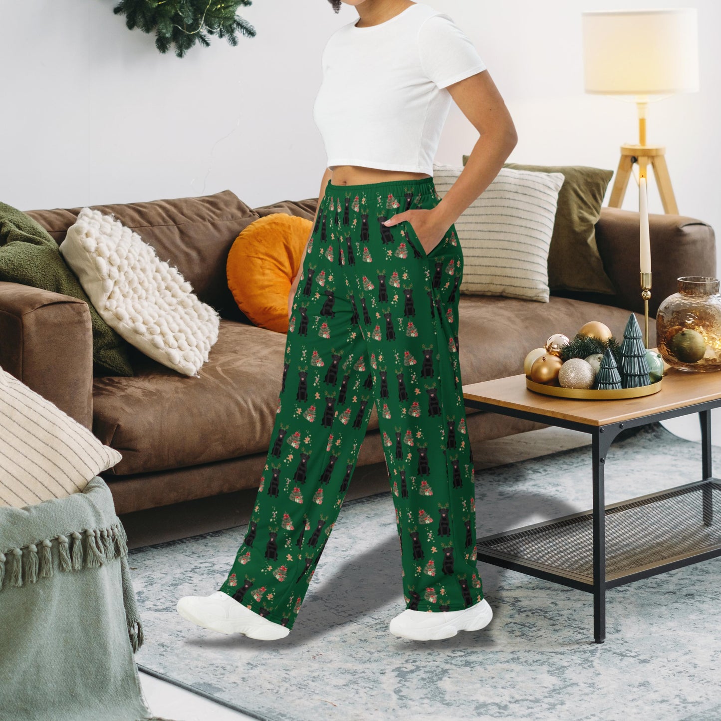 Christmas Labrador Pajama Pants, wide leg unisex black labrador pants, mom pjs, retriever gift, bachelorette party, sister birthday gift