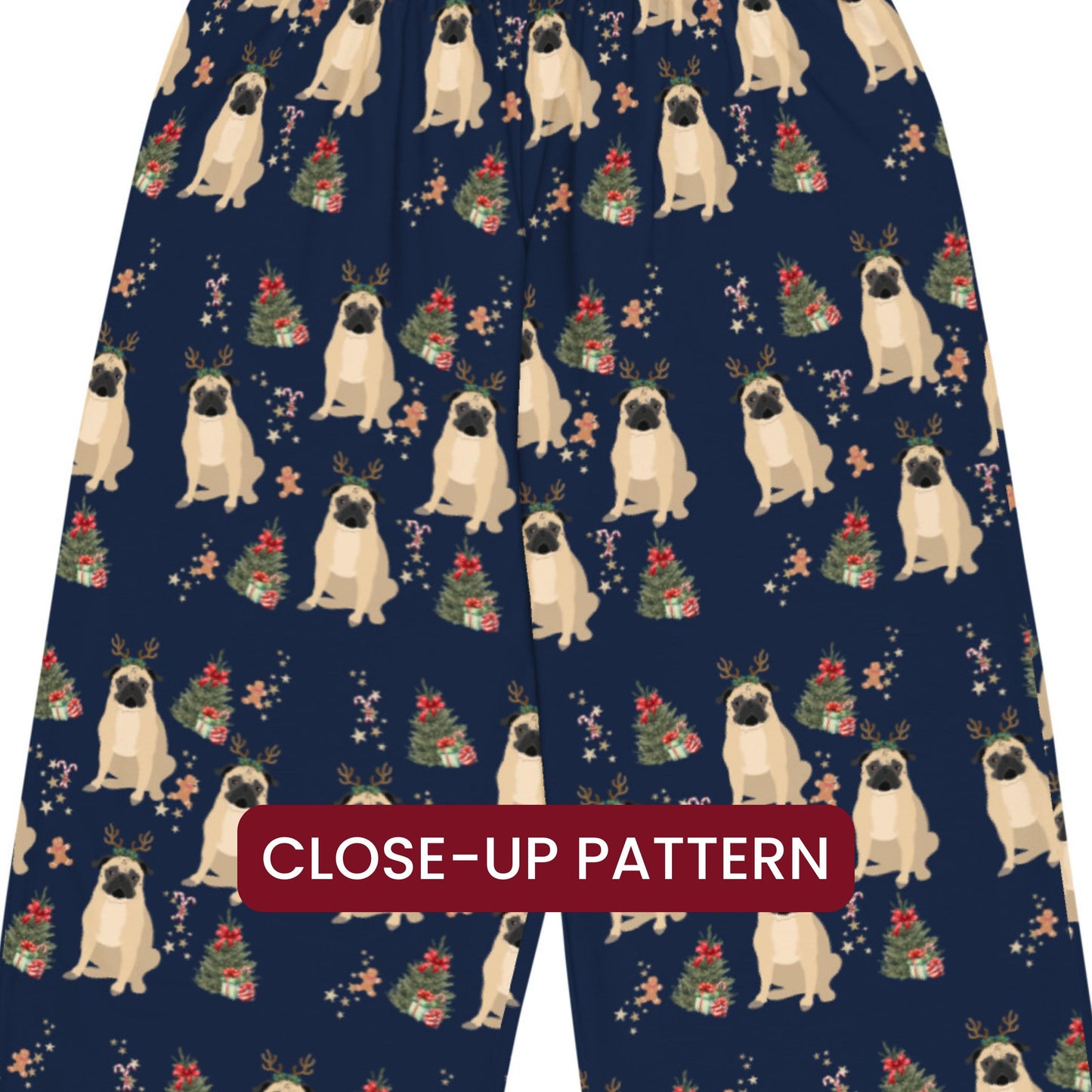 Christmas Pug Pajama Pants, wide leg unisex pug dog pants mom gift, pug gift, pug dog pj pants, sister birthday gift, pug owner gift