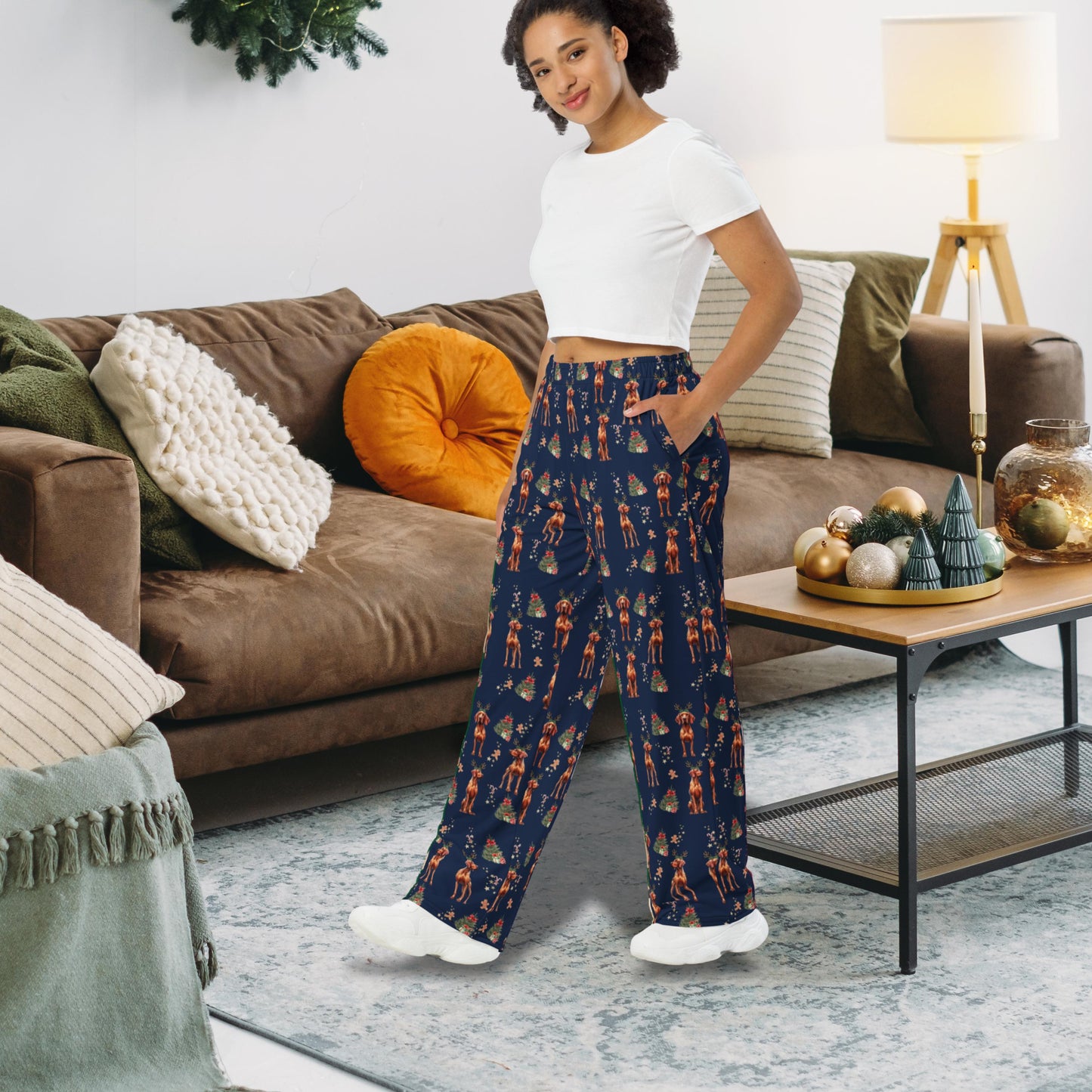 Christmas Vizsla Pajama Pants, wide leg unisex vizsla dog pants mom gift, viszla gift, dog pj pants, sister birthday gift, vizsla owner gift