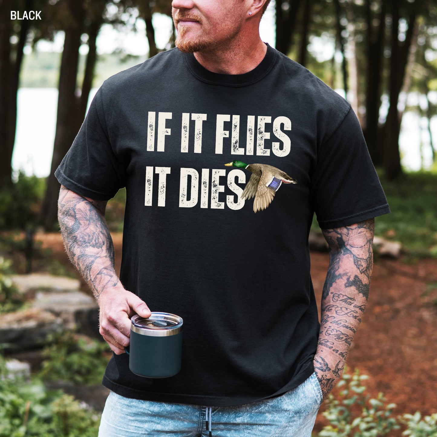 Funny Duck Hunting T-Shirt Comfort Colors, retro men's Hunting shirt, hunter gift, husband christma gift, Xmas Dad Gift, if it flies it dies