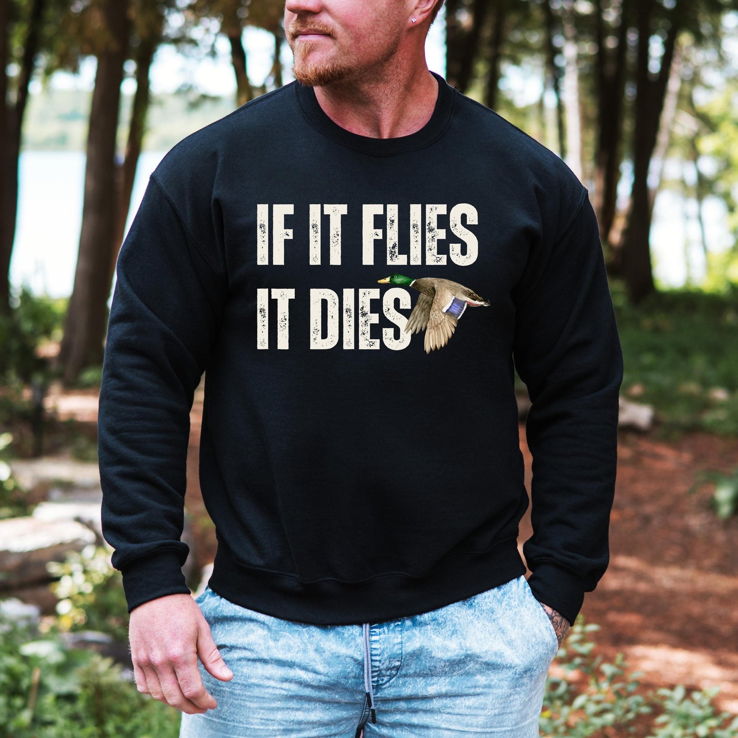 Funny Duck Hunting Sweatshirt, retro men's hunting sweater, hunter gift, husband christmas gift, Xmas dad gift, if it flies it dies shirt