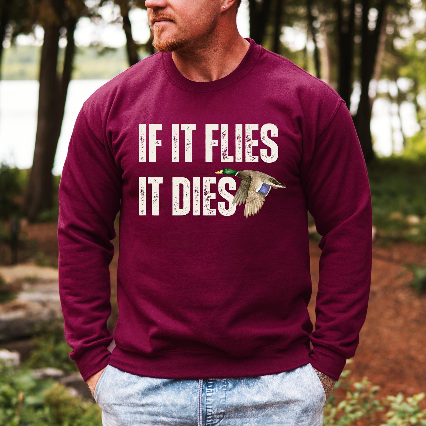 Funny Duck Hunting Sweatshirt, retro men's hunting sweater, hunter gift, husband christmas gift, Xmas dad gift, if it flies it dies shirt