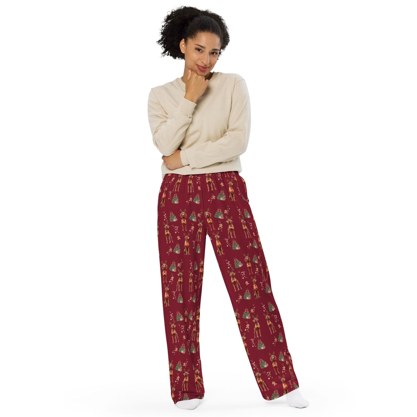 Christmas Vizsla Pajama Pants, wide leg unisex vizsla dog pants mom gift, viszla gift, dog pj pants, sister birthday gift, vizsla owner gift