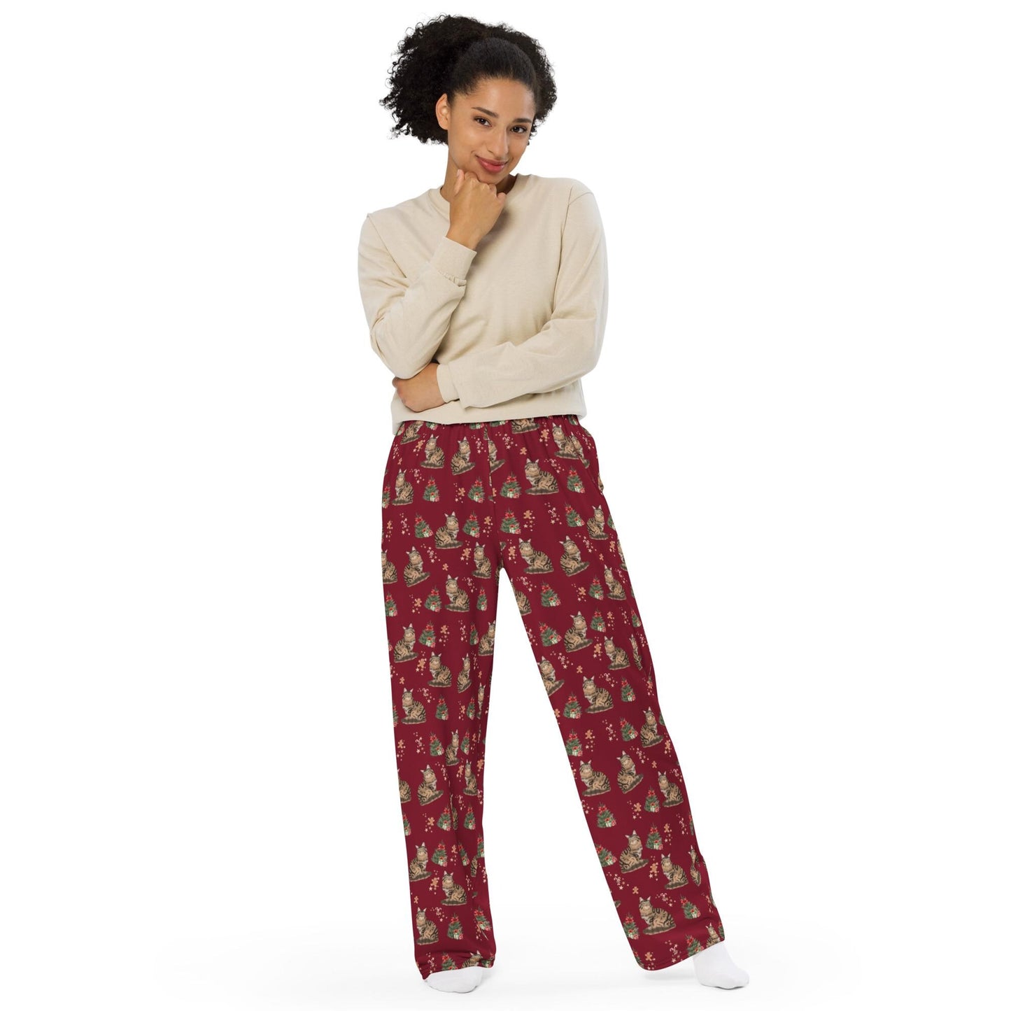 Christmas Maine Coon Cat Pajama Pants, wide leg unisex cat pants, cat gift, kitten gift, cat pajama pants, cat mom pjs, sister birthday gift