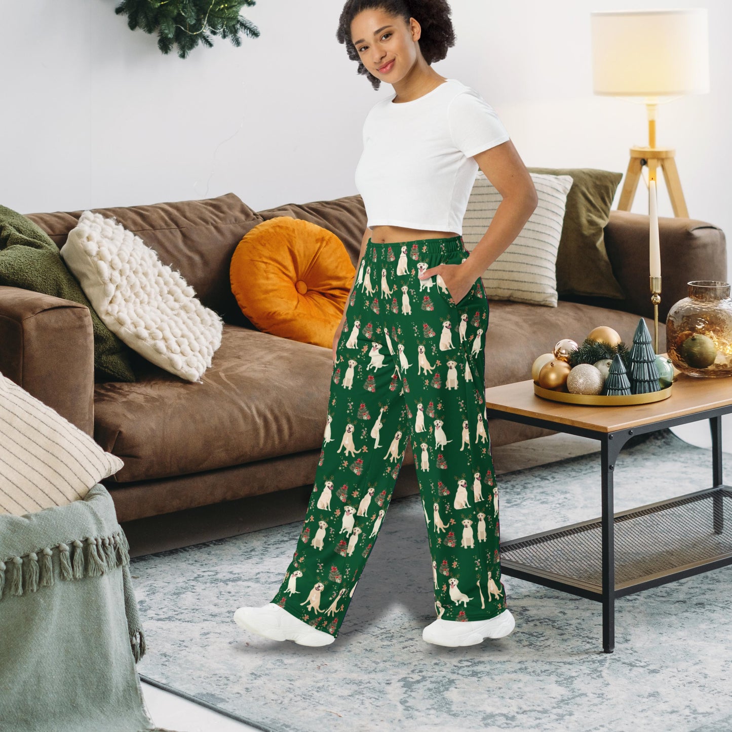 Christmas Yellow Labrador Pajama Pants, wide leg unisex labrador dog pants, mom gift, retriever gift, dog pajama pants, sister birthday gift