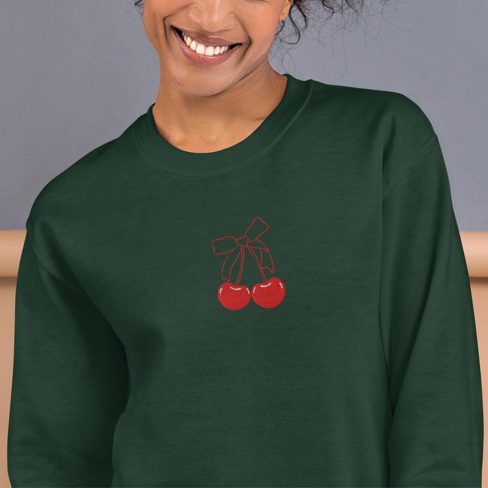 Embroidered Red Cherry Bow Sweatshirt, cherry bow minimalist shirt, Pinterest aesthetic, girly social club, trendy xmas bestie gift