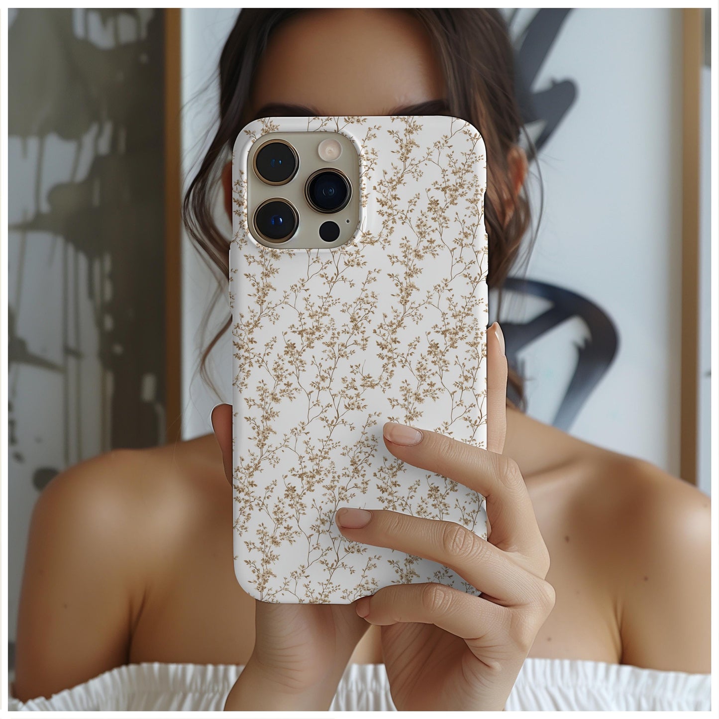 Toile De Jouy Gold Flower Phone Case, for iPhone, Android, Google Pixel, case floral cottagecore aesthetic, birthday wife gift, gift for her