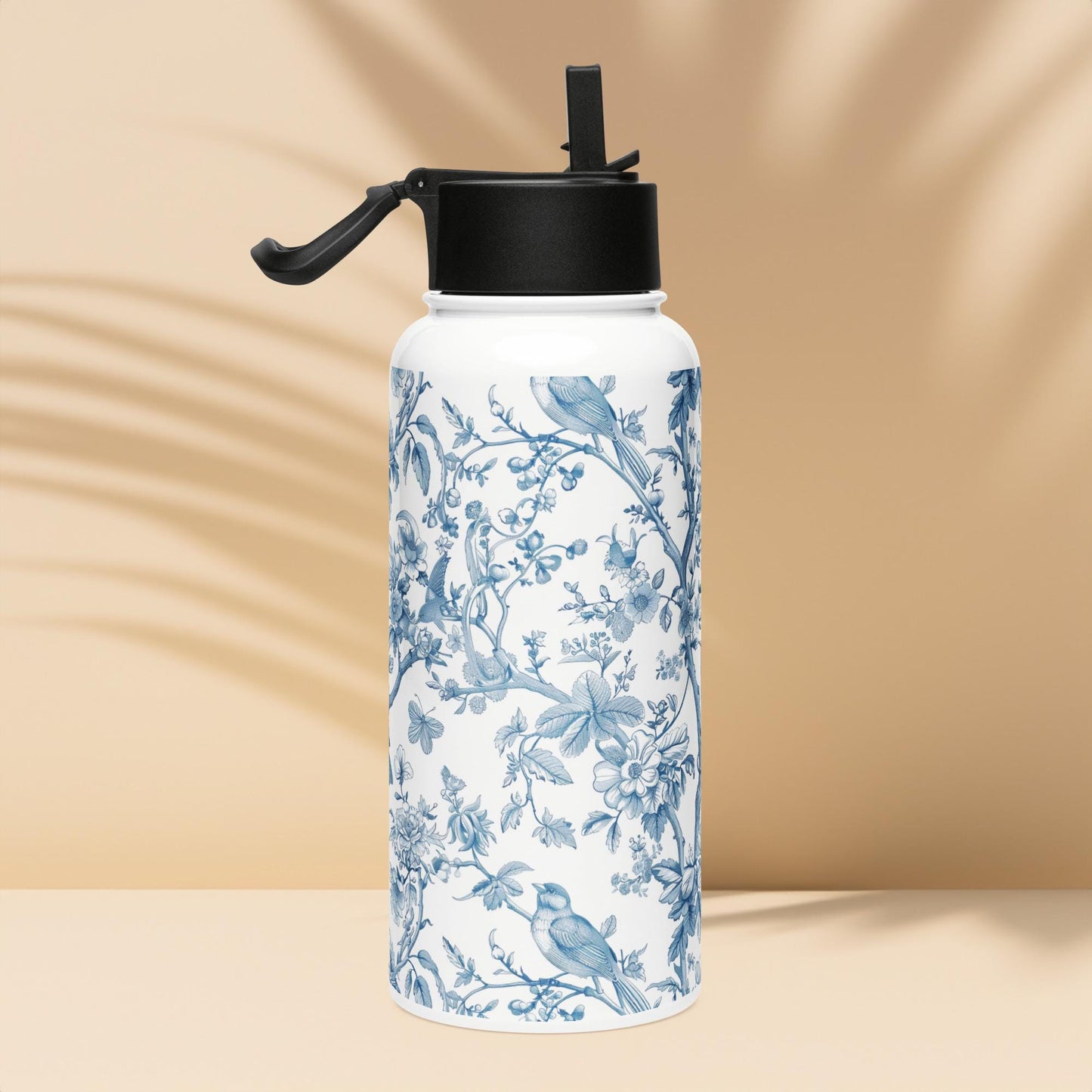 Toile De Jouy Blue Birds Stainless steel water bottle with a straw lid 32oz