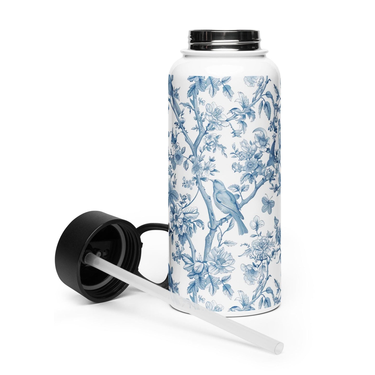 Toile De Jouy Blue Birds Stainless steel water bottle with straw lid 32oz, gym girl gift, fitness water bottle, yoga gift, wife anniversary