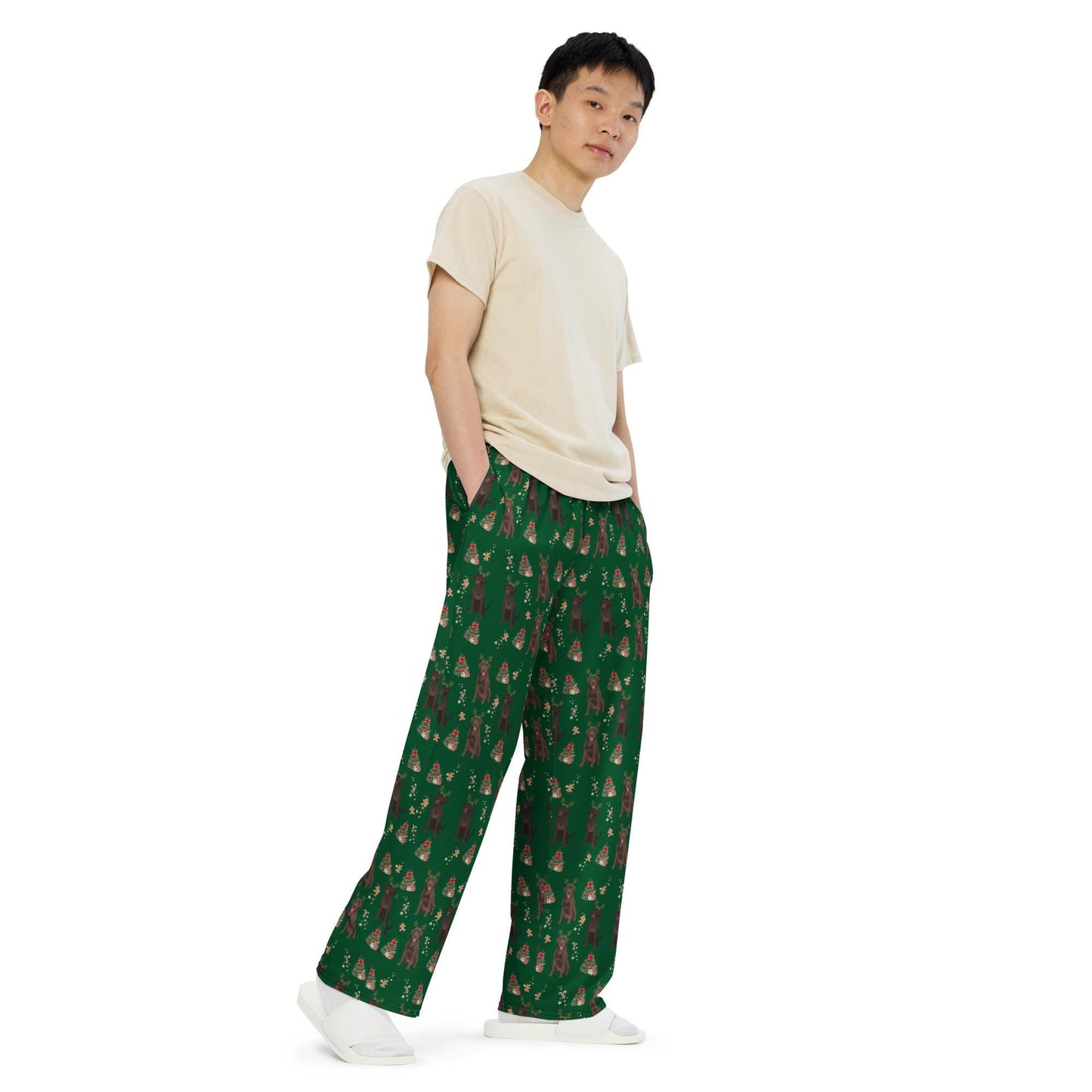 Christmas Chocolate Labrador Pajama Pants, wide leg unisex labrador dog pants, mom gift, labrador gift, dog pajamas pants, sister birthday
