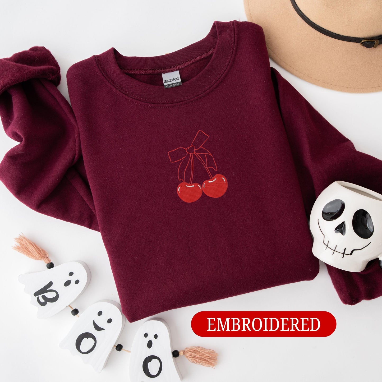Embroidered red cherry bow sweatshirt
