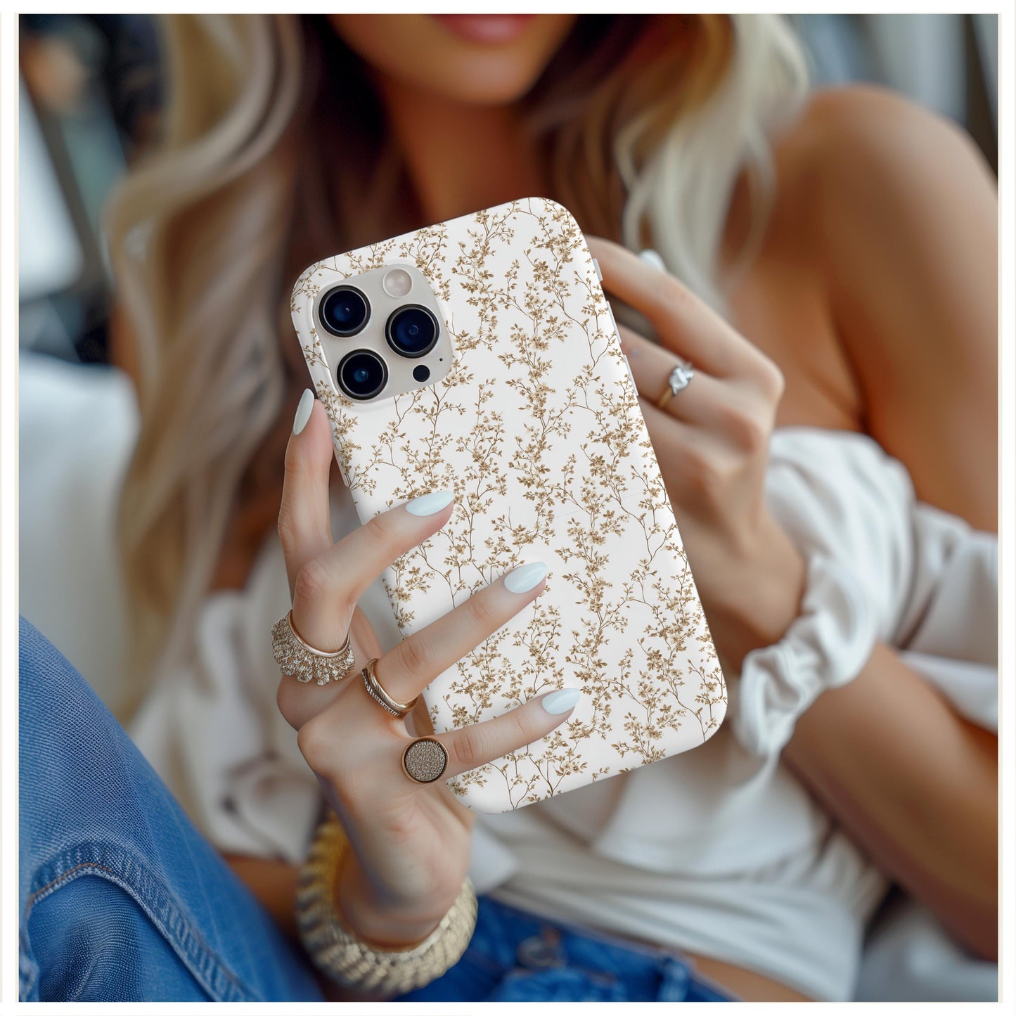 Toile De Jouy Gold Flower Phone Case, for iPhone, Android, Google Pixel, case floral cottagecore aesthetic, birthday wife gift, gift for her